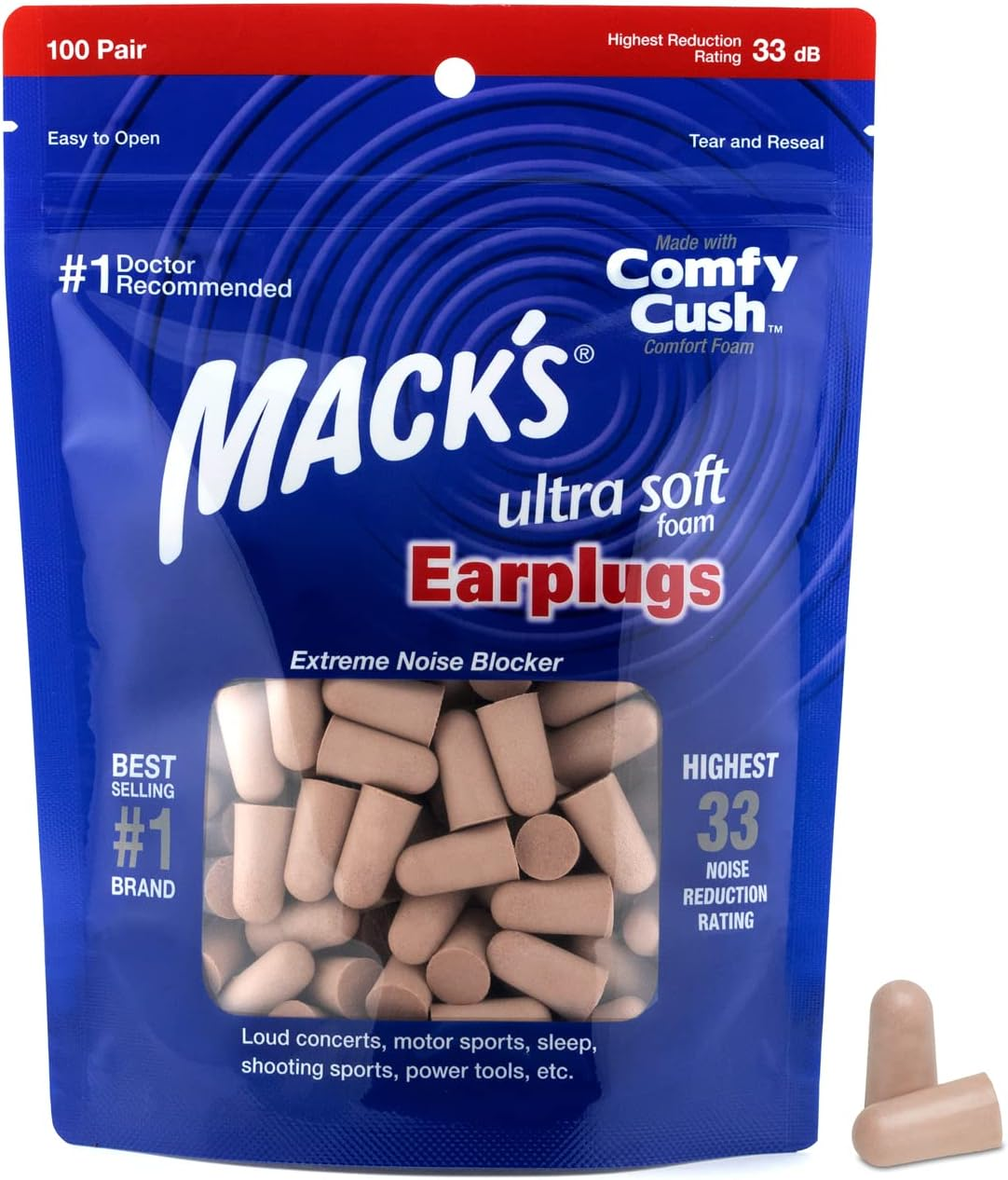 Mack'S Ultra Soft Foam Earplugs, 100 Pair Bag - 33Db Highest NRR, Comfortable Ear Plugs for Sleeping, Snoring, Travel, Concerts, Studying and Loud Noise image number 2