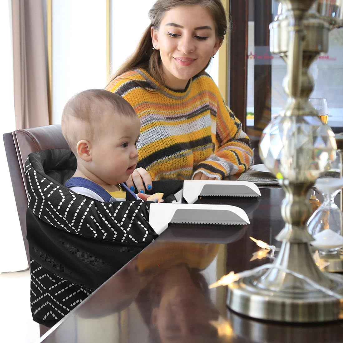 MTWML Portable High Chair for Table,Hook on High Chair That Attaches to Table,Space Saver Counter Clip on Chair for Baby,Easy Clean Baby Feeding Seat with Carry Bag for Travel(Stripe-Black) - Single Tray image number 7