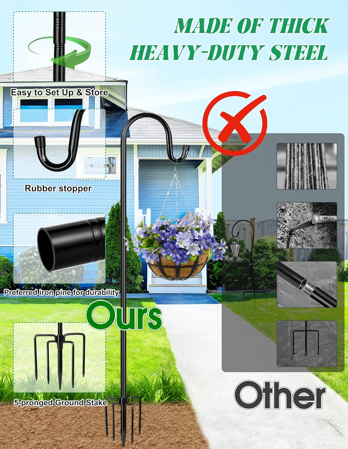 XDW-GIFTS Bird Feeder Pole for Outdoor, 2-Pack 92 Inch Shepherds Hooks Heavy Duty Garden Pole for Hanging Plant Basket, Solar Light Lanterns, Garden Plant Hanger Stands with 5 Base Prongs image number 6