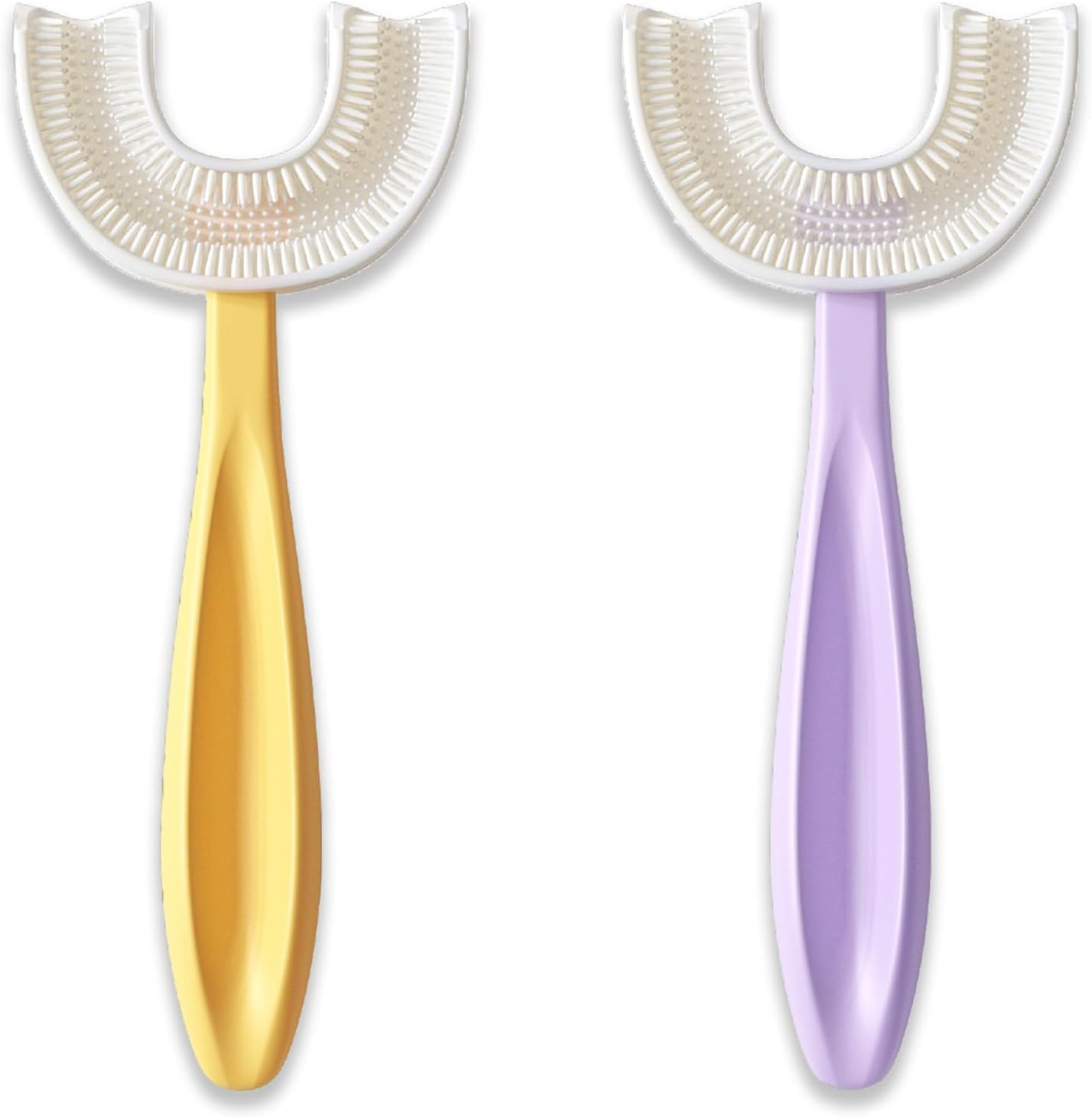U Shaped Toothbrush for Kids 6-12 Years Old - Two Premium Soft Brushes with Travel Case - Sensory Rounded Head Makes Brushing Fun & Easy - 1 Purple, 1 Yellow