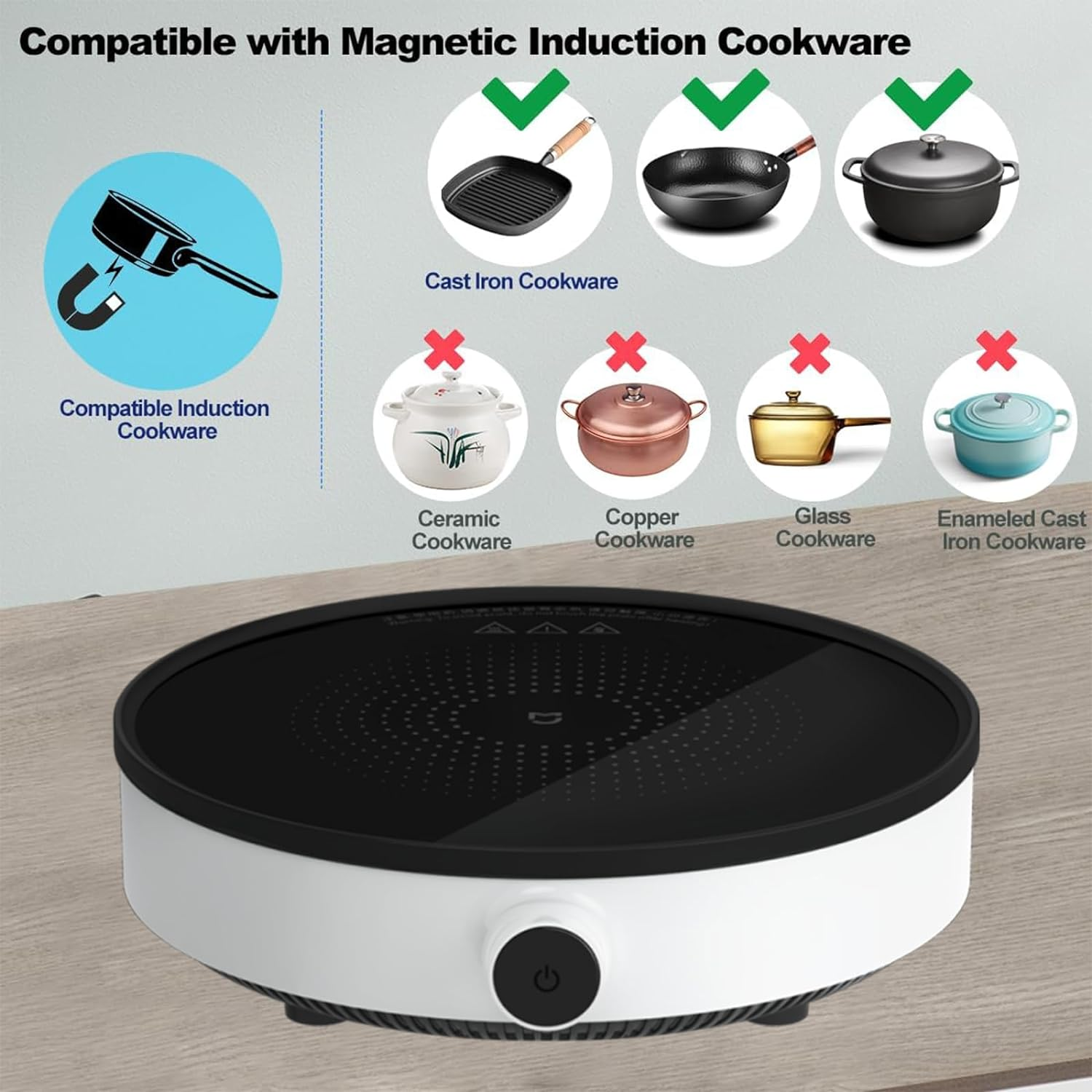 Xiao Mi MIJIA Portable Induction Cooker, 2100W Electric Cooktop Countertop Burner, 9-Level Power Knob Control, Low Noise Hot Plate (AU Adapter) image number 3