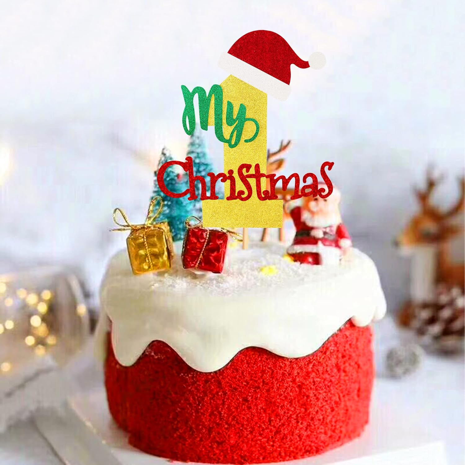 1Pcs My First Christmas Cake Topper Christmas Hat Merry Christmas 1St Birthday Cake Decorations for Baby Boy Girl 1St Birthday Theme Party Christmas Party Supplies