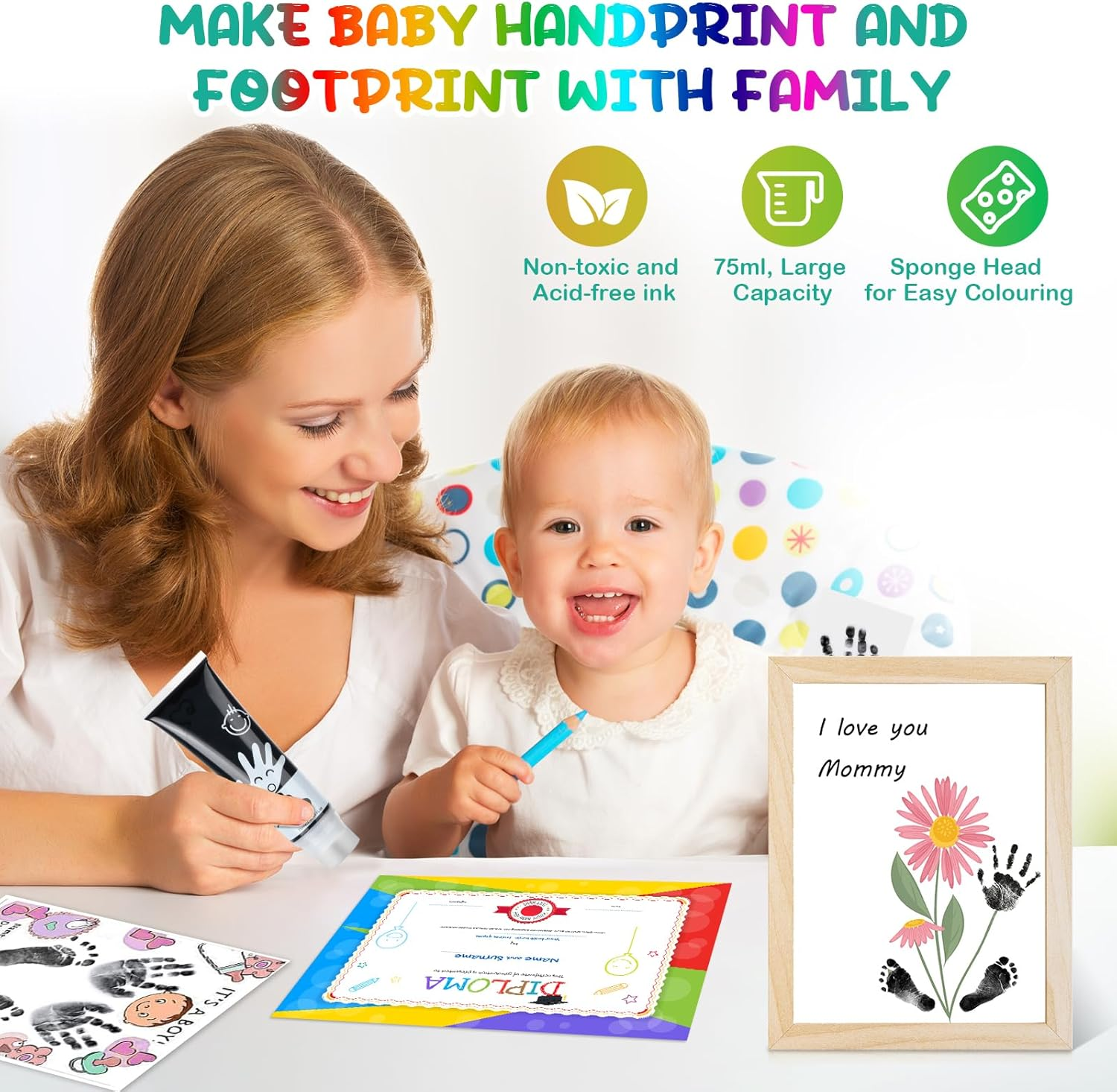 75Ml Black Baby Hand and Footprint Ink Kit, Baby Handprint Footprint Paint, Dog Cat Paw Print Kit, Washable, Non Toxic Acid-Free, Safe Gentle for Home Christmas New Year DIY Keepsake Stamp image number 2