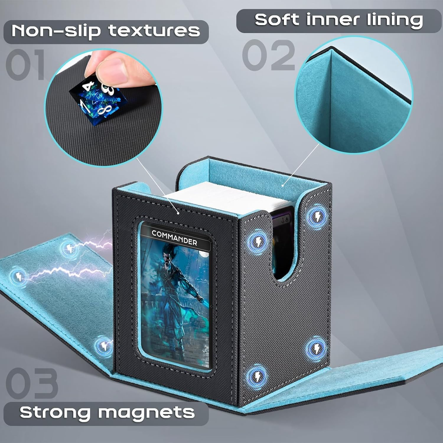 Card Box with MTG Commander Display, Patented Design Card Holder Can Hold More than 100 Double Sleeve Cards, PU Leather Card Storage Box for TCG with 2 Partitions, 1 Top Loader (Black&Blue) - Blackblue image number 6