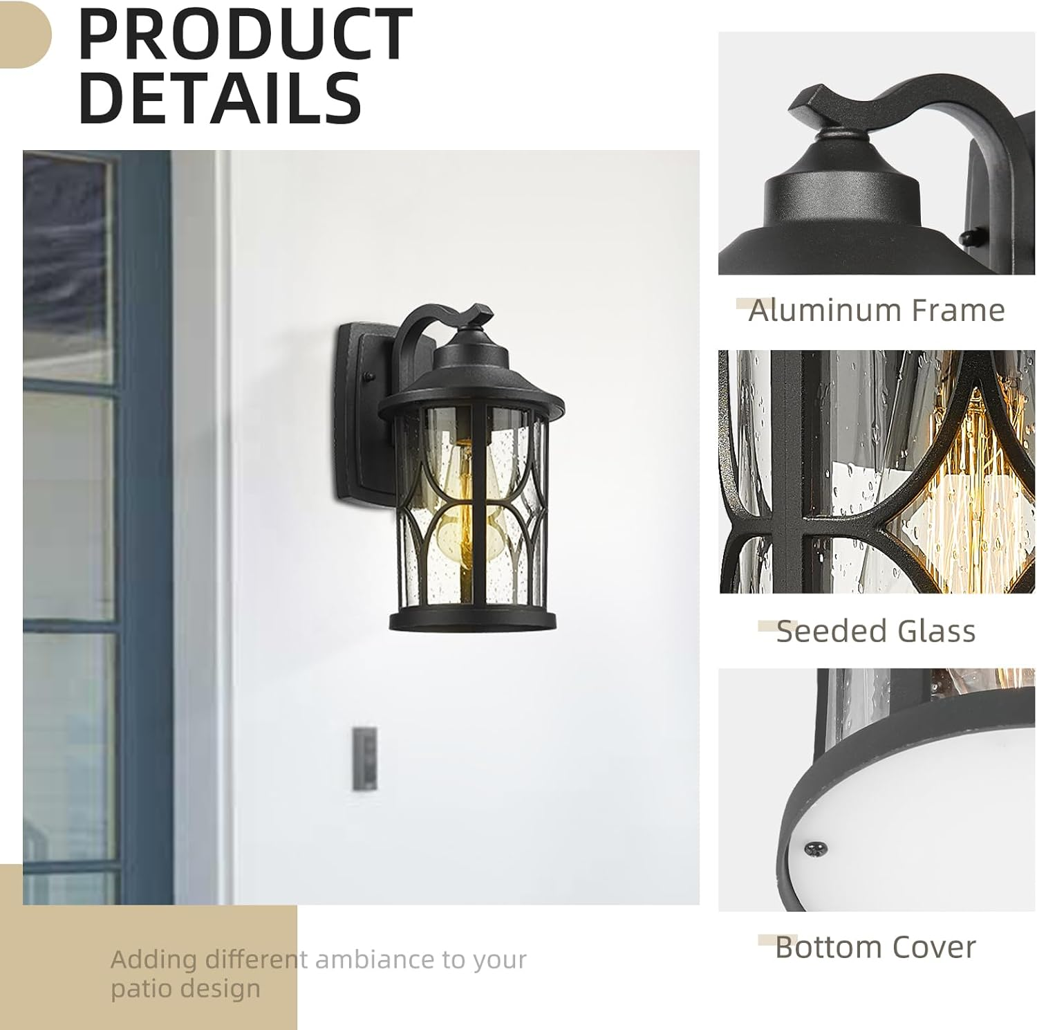 EMLIVIAR Farmhouse Outdoor Wall Lantern - 12 Inch Exterior Wall Sconce, Cast Aluminum with Seeded Glass, Black Finish, AUX04B BK image number 4