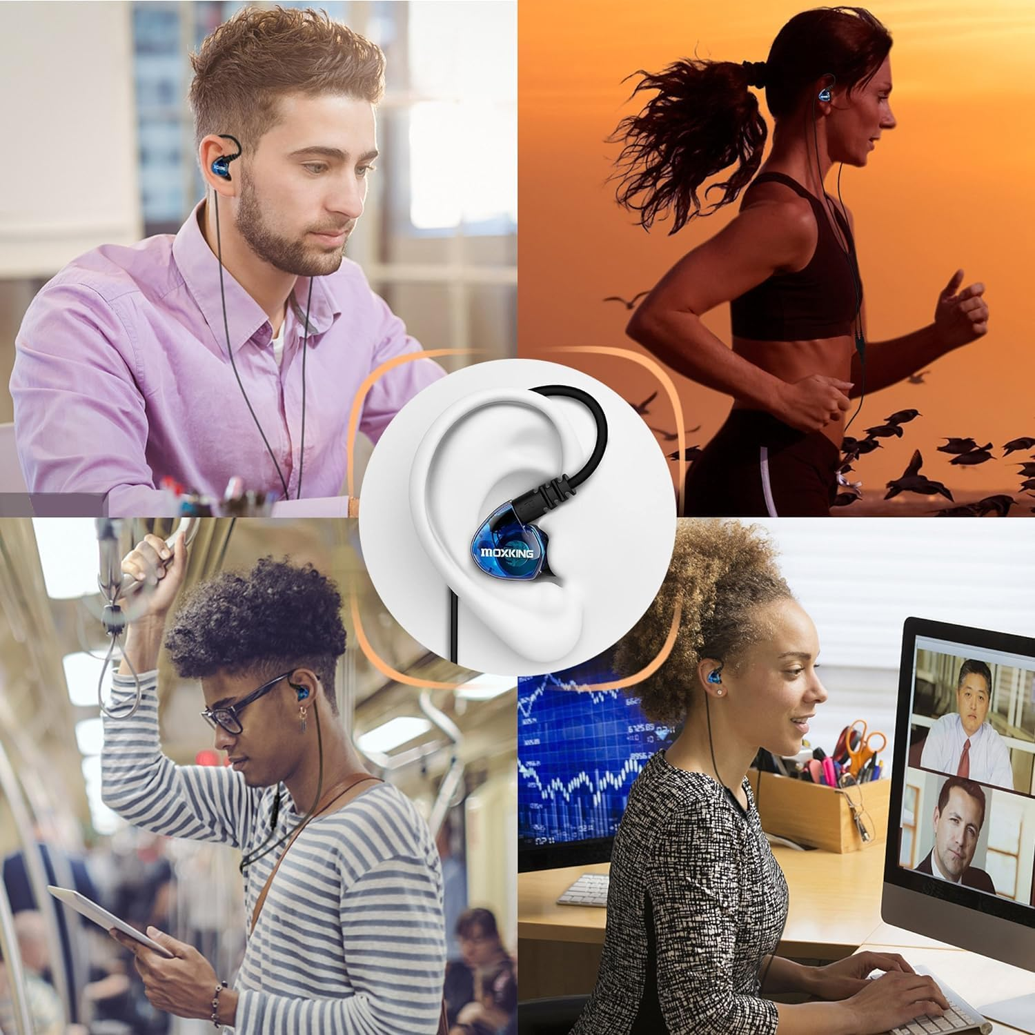MOXKING Sports In-Ear Headphones, Wired In-Ear Headphones, Noise Isolating, Waterproof Earplugs, Reinforced Bass Stereo Headphones for Running and Fitness, with Microphone and Remote Control (Blue) image number 4