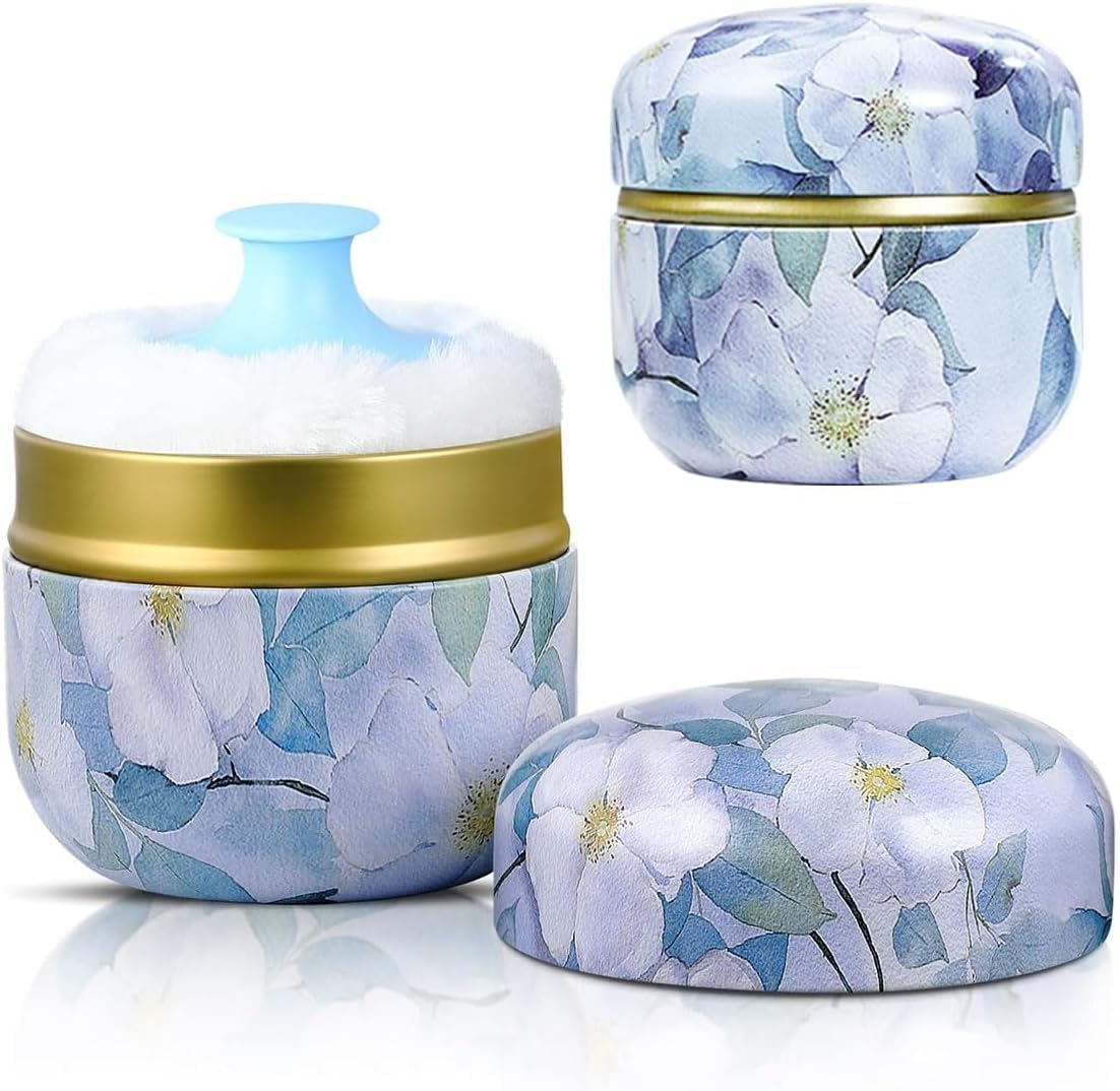 2 Pieces Body Powder Puff and Container Portable for Baby&Women Loose Powder Case Home Travel Powder Box (BLUE) image number 2