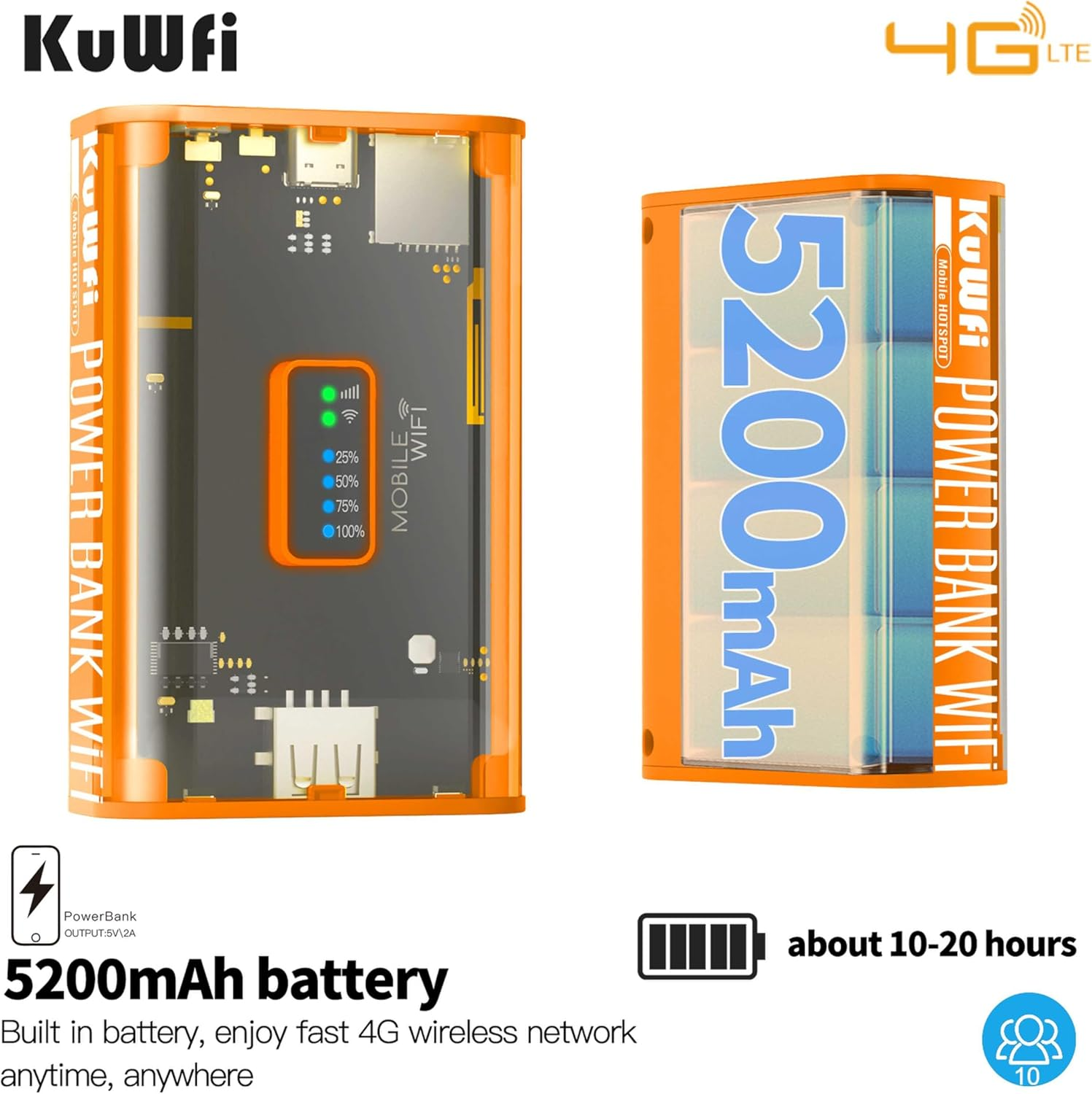 Kuwfi 4G LTE Mobile Router,Cat4 up To150Mbps Wifi Router Portable,Mc8 Router 4G LTE with 5200Mah Battery,Support 3G/4G SIM Card Unlocked,Hotspot Wifi Connect up to 10 User&hellip; image number 2
