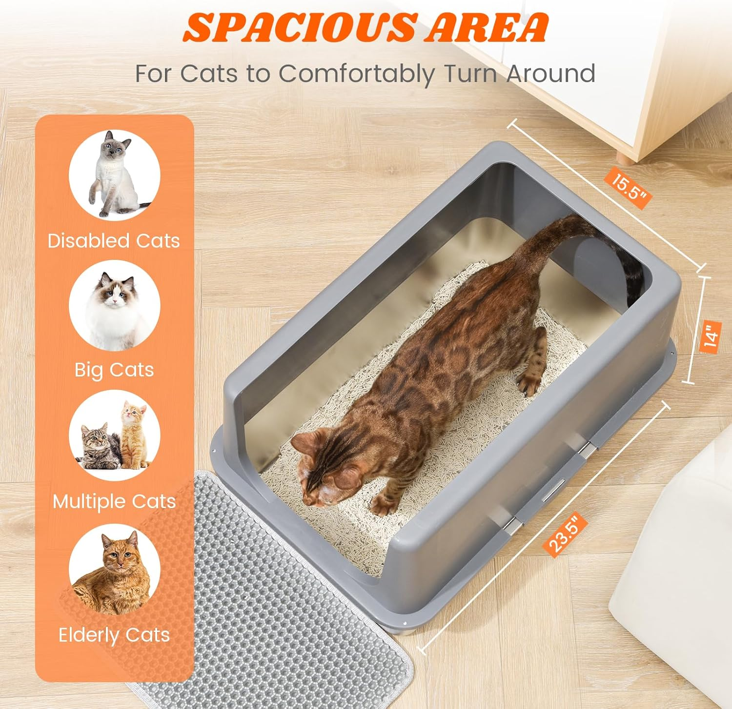 Stainless Steel Cat Litter Box with Scatter Shield, XL Extra Large for Big Cats, High Sided Enclosure Metal Cat Litter Pan/Tray with Litter Mat, Non-Sticky, Anti-Urine Leakage, Easy Cleaning image number 3