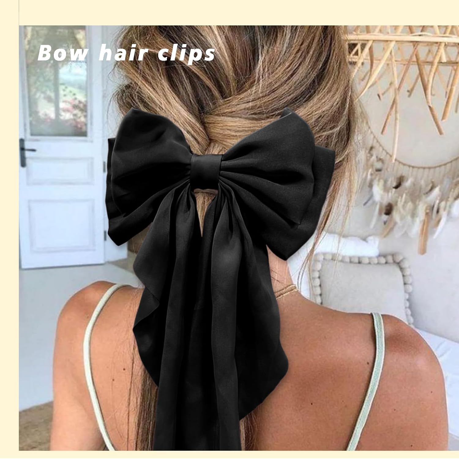TELAIN Pack of 4 Hair Bows for Women, Large Satin Hair Clips, Long Silky Bows for Hair, plus Size, Black and White Hair Clips, Coquette Hair Accessories for Women image number 6