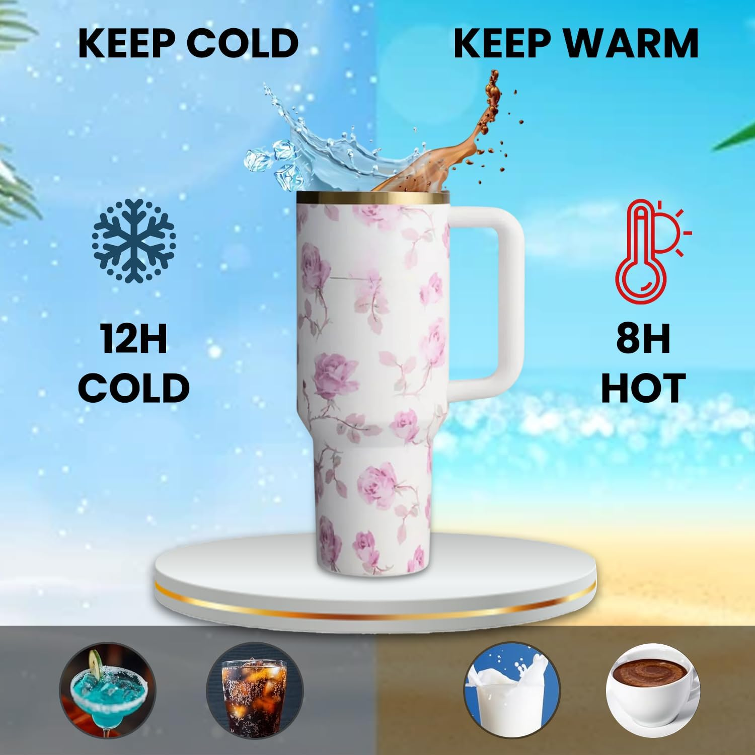 Bliss Gifts & Homewares 40 Oz Floral Insulated Tumblers with Handle & Straw - Stainless Steel, Leak-Proof Lid, Hot & Cold Travel Mug | Love Shake | Gifts for Women & Men (Petal Pink) - Lavender Bloom image number 7