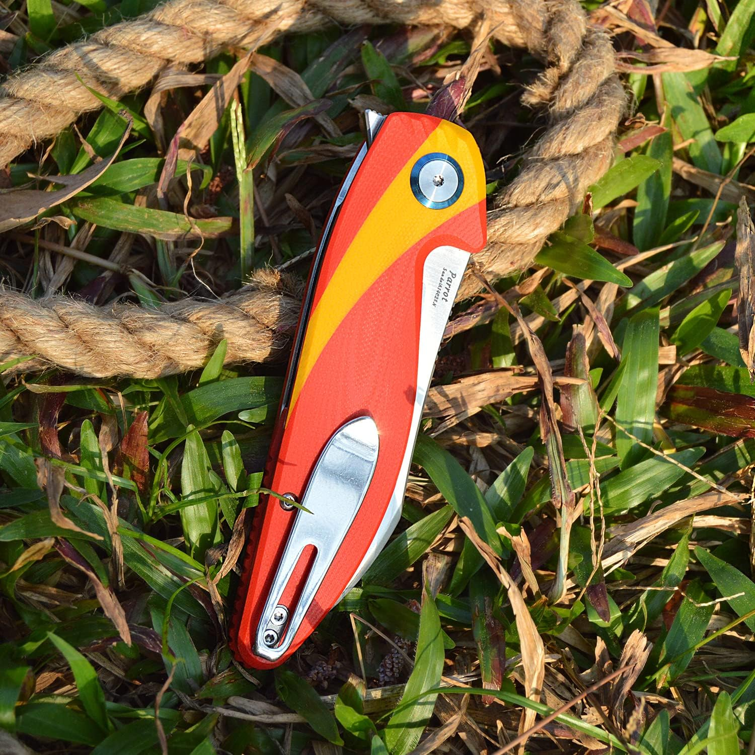 Harnds Parrot Premium Folding Knife with Sandvik 14C28N Blade 3.58" and G10 Handle with Clip, for EDC Outdoor Camping Hunting (Red & Yellow) image number 1