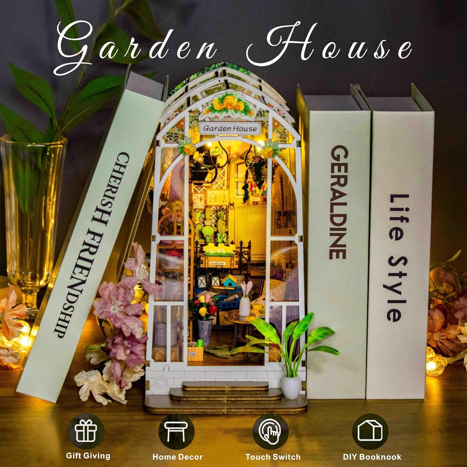 Book Nook Kit Garden House DIY Book Nook Kits Room Bookshelf Insert Miniature Decor Kit 3D Wooden Puzzle Bookshelf Decor with Led Decor Suitable for Adults and Teenagers Craft Gifts image number 2