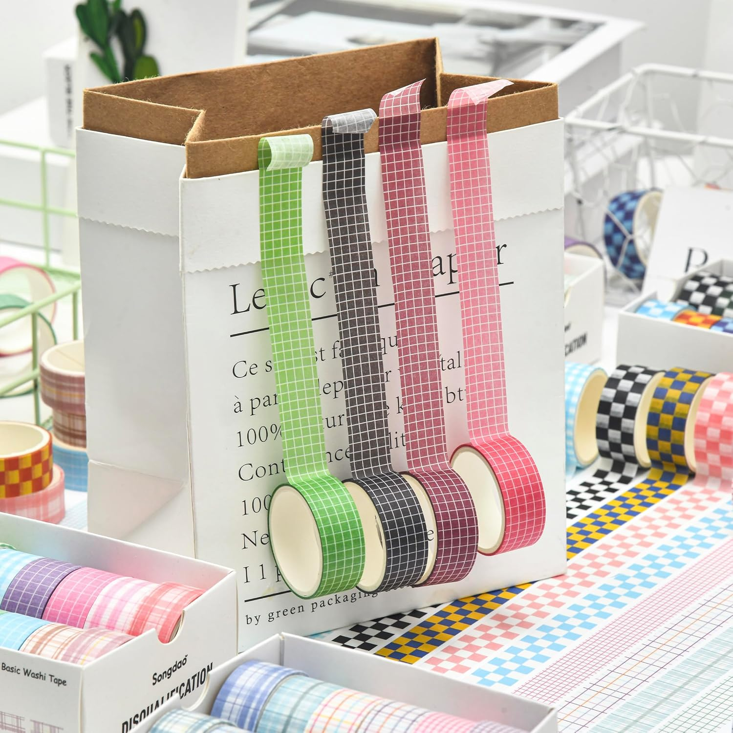 Songdao 12 Rolls Grid Washi Tape Set Plaid Arts Adhesive Tapes Basic Patterns Decorative Masking Tape Sets for Craft, Kids, Scrapbook, DIY, Gift Wrapping (Style One) image number 2