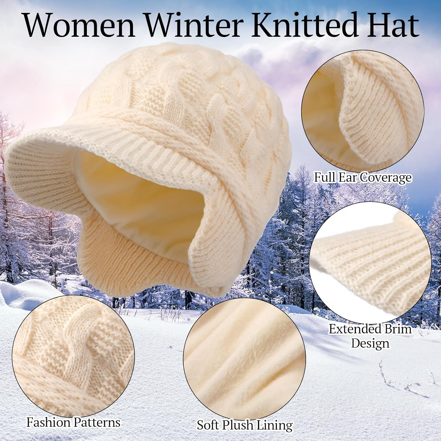 Jenaai Winter Beanie with Brim and Earflap for Woman Outdoor Warm Thermal Knitted Hat for Women Men Cold Weather Beige image number 2