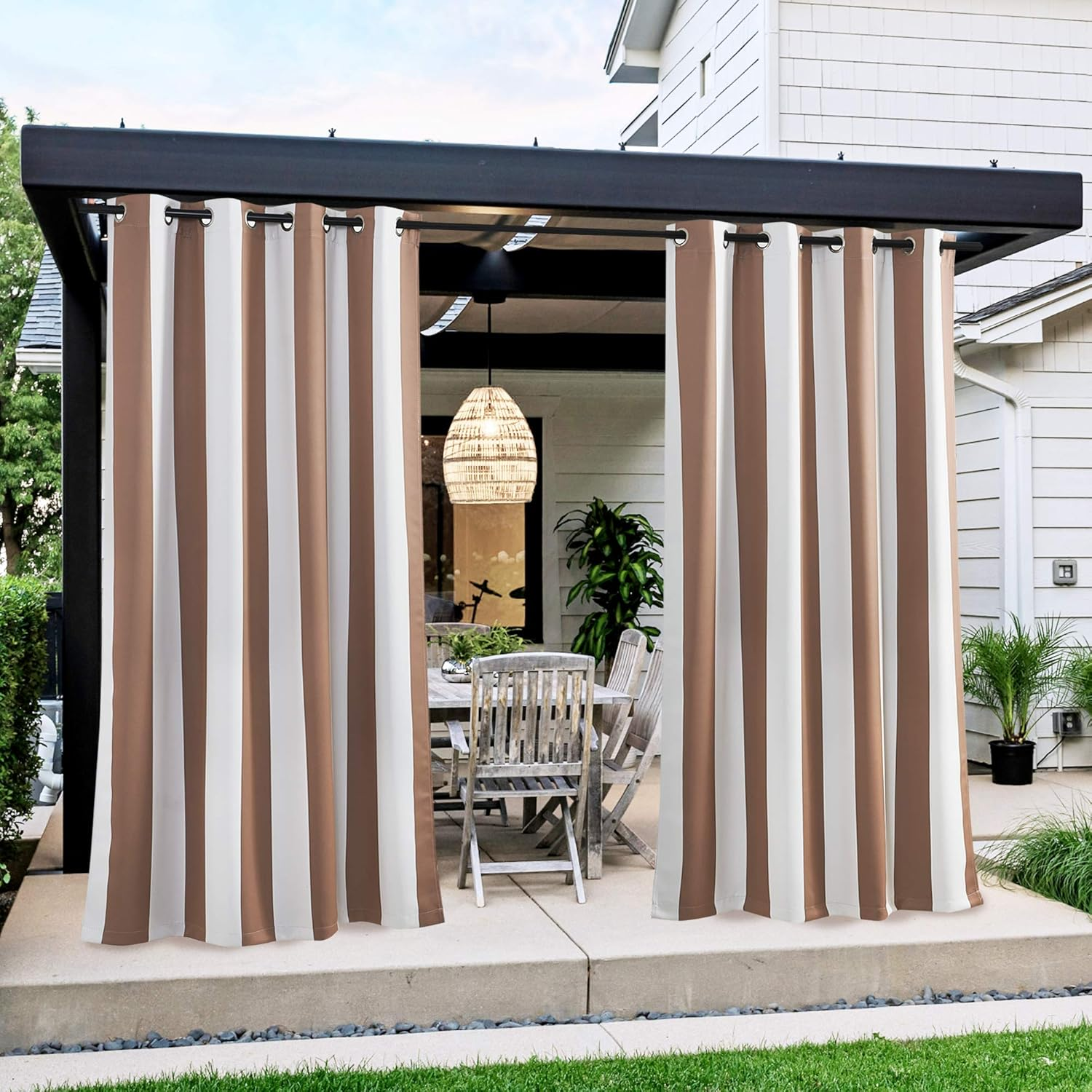 NICETOWN 2 Panels Stripe Outdoor Curtains for Patio Waterproof, Thermal Insulated Stainless Steel Grommet Room Darkening Indoor Outdoor Drapes Light Block for Pool, W52 X L108, Biscotti & White image number 1