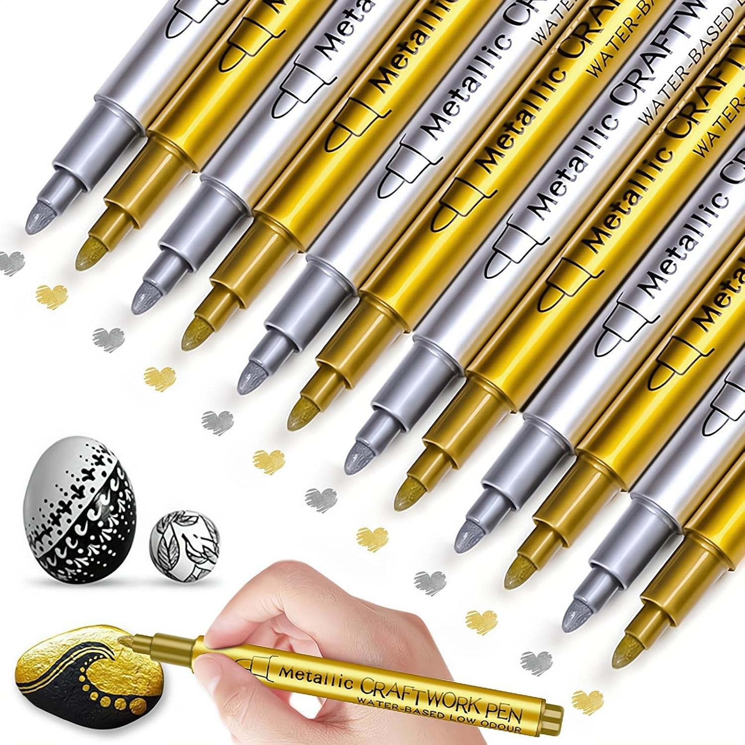 REGODI 10 Pack Set of 2 Metallic Color 2 Black 3 Gold 3 Silver Acrylic Paint Pens for Rock Painting, DIY Card, Pebble Art, Scrapbooking, Fabric, Metal, Ceramics, Wine Glass image number 1