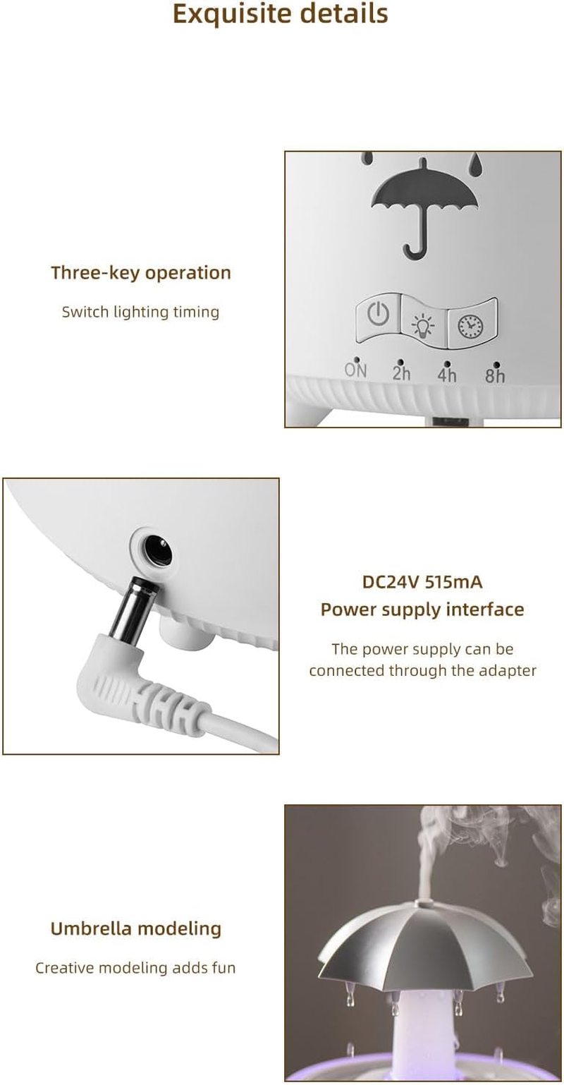 Rain Umbrella Humidifier & Aroma Diffuser with Soothing Rain Sounds, Water Drip Effect, 7 Colors Mood Light, Timer and Auto-Off, Ideal for Relaxation, Sleep, Home, Bedroom, Desk(White) image number 2