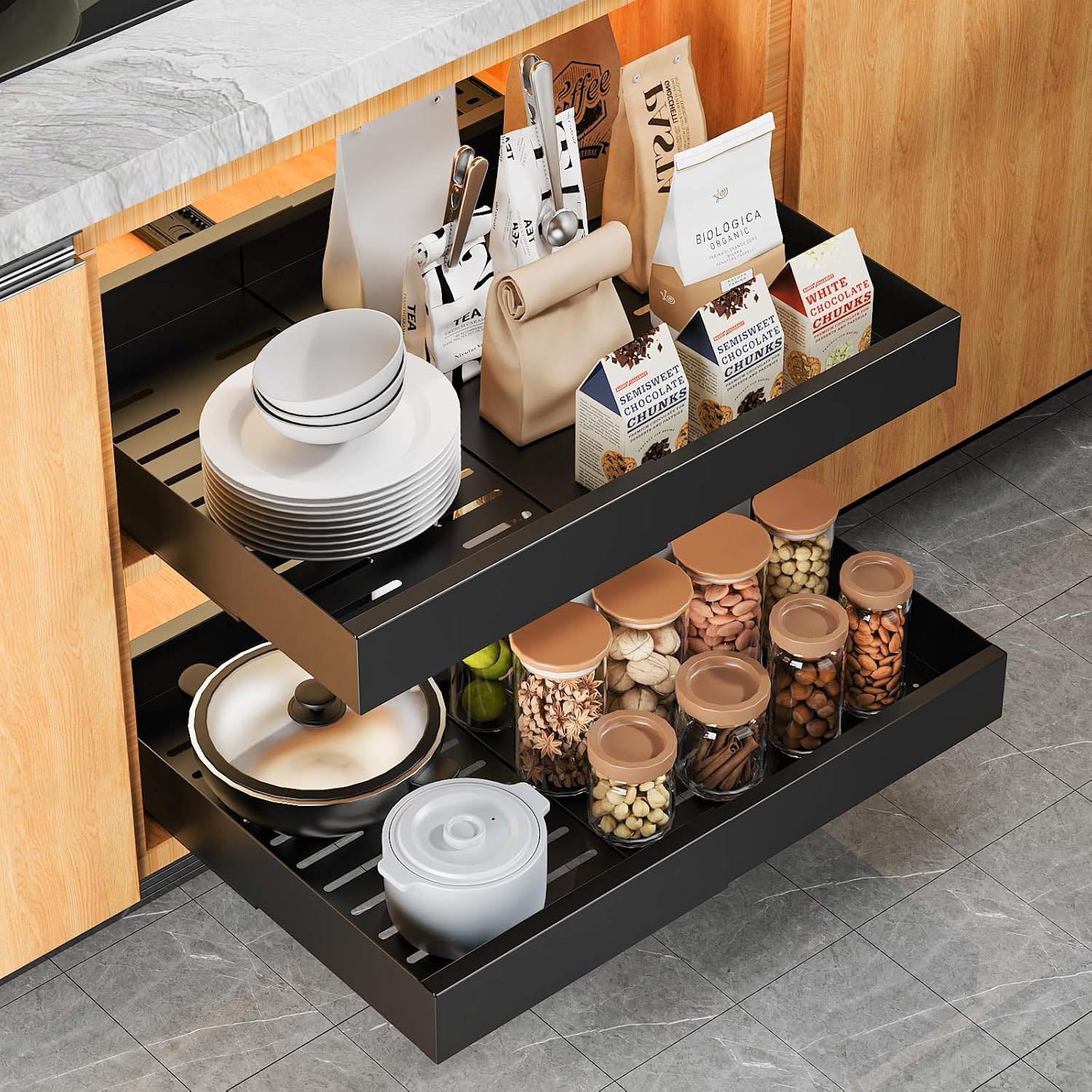 CHENDY Pull Out Cabinet Organizer, Expandable Heavy Duty Slide Out Drawers Fixed with Adhesive Nano Film for Pots - for Kitchen Base Cabinet Organization, Pantry, Bathroom (Black) image number 3