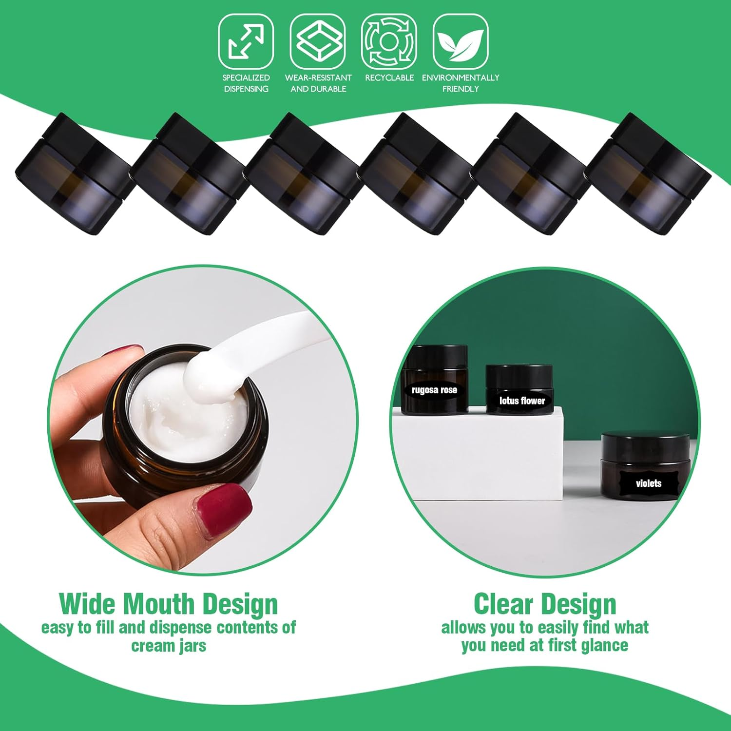 120Pcs 10G Amber Glass Jars Assortment Kit with Inner Liners and Black Lids, Spoons and Blank Labels for Storing Lip and Body Scrub, Lotion, Body Butter, Bath Salts