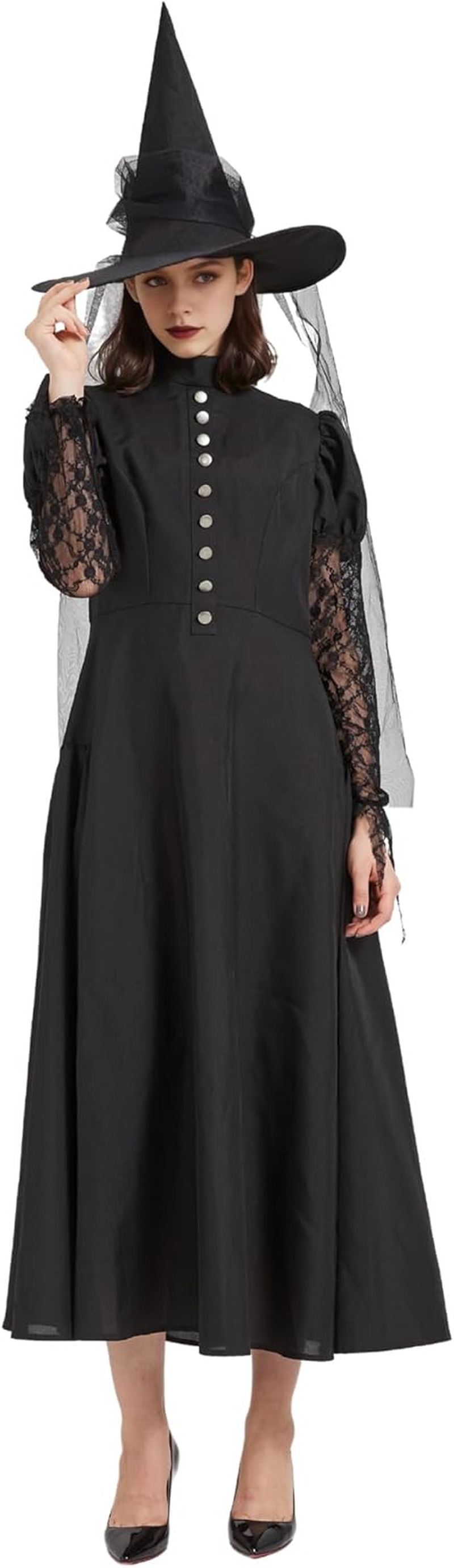 3Pcs Women'S Wicked Witch Costume for Adult Halloween Outfit Witch Dress with Hat and Tulle for Sorceress Cosplay image number 1