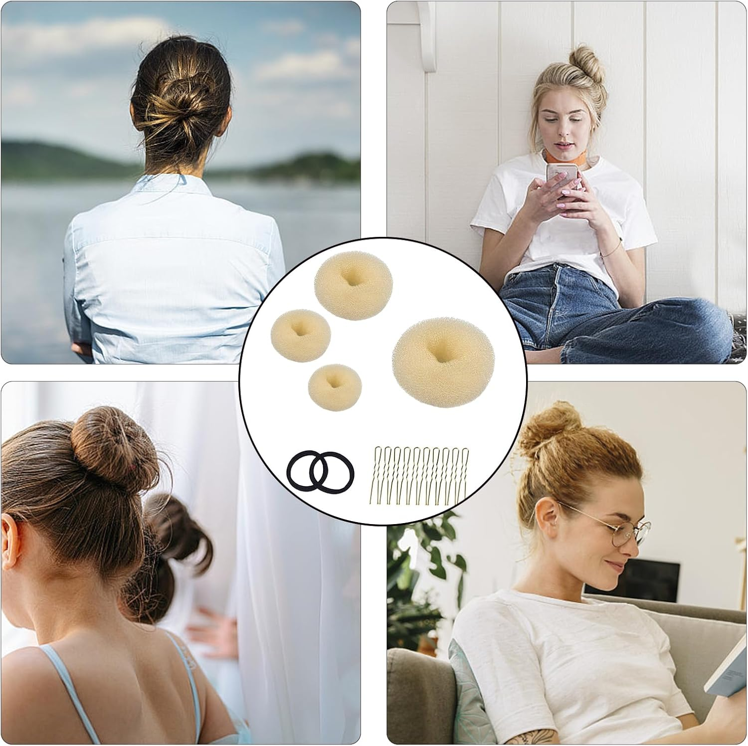 Set of 4 Hair Bun Makers, Hair Bun Maker Set, Hair Bun Maker, Hairstyle Aid Small and Large, Hair Cushion, Hair Donut, Bun Cushion with 2 Hair Bands, 10 U-Shaped Hair Clips, Hair Pin for Children And image number 3
