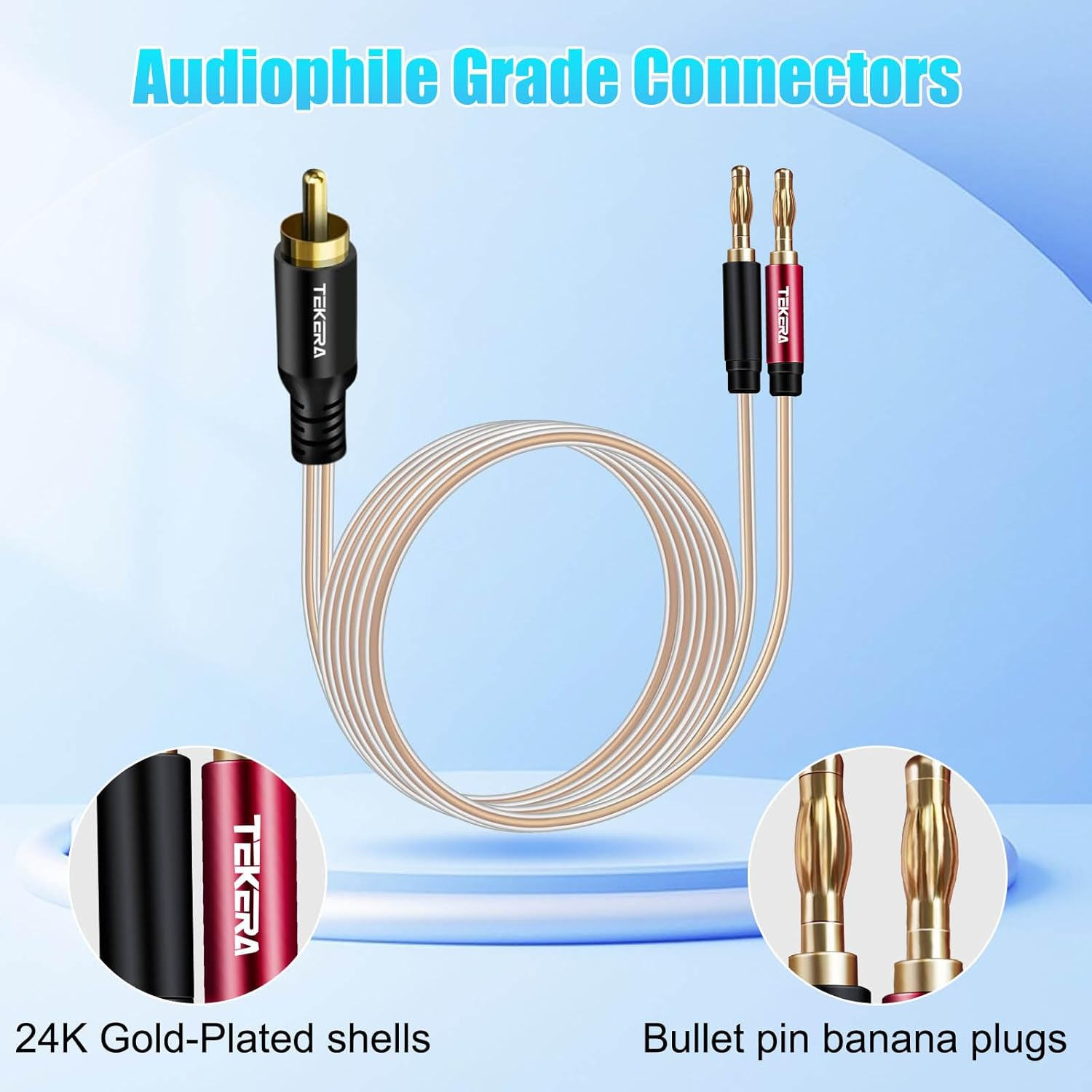 TEKERA RCA Male to Banana Plug Cable 3M, RCA to Banana 2 Male Y Splitter Cable, Hi-Fi Audio Speaker Wire for Amplifier, Subwoofer, and Home Theater Systems, Gold-Plated and Double Shielded image number 2