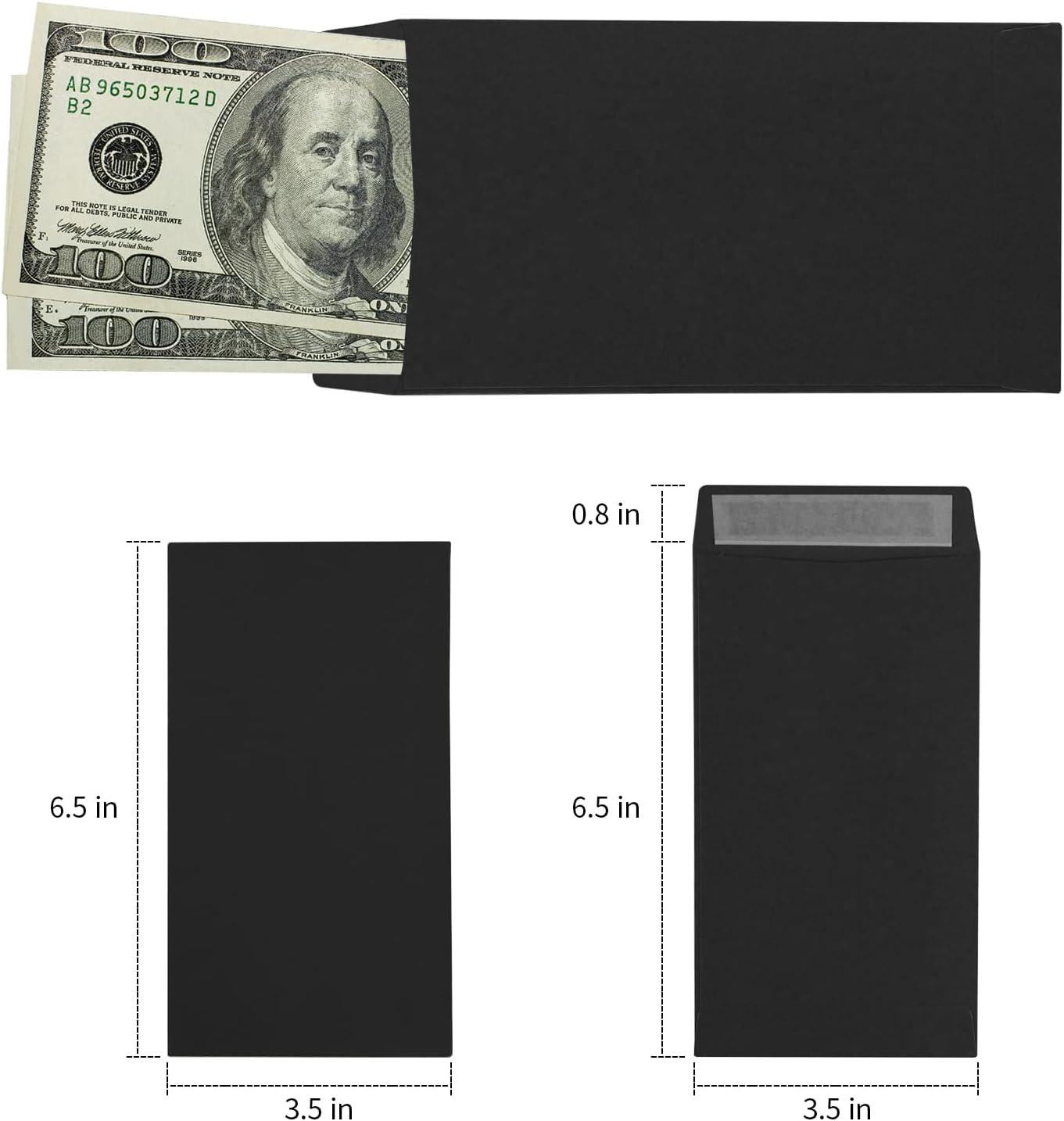 Granhoolm 100 Pack Black Coin Envelopes 3.5 X 6.7 Inch Cash Envelopes for Savings Plan,Coin,Seed,Credit Card，Check and Small Items,