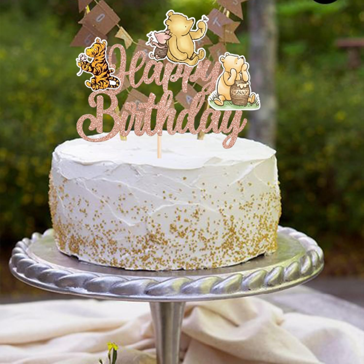 SYKYCTCY 1 Pack Winnie Happy Birthday Cake Topper Glitter Classic Birthday Cake Pick Cute Winnie Bear Cake Decorations for Baby Shower Bridal Shower Kids Birthday Party Supplies (Rosegold) - Rosegold image number 3