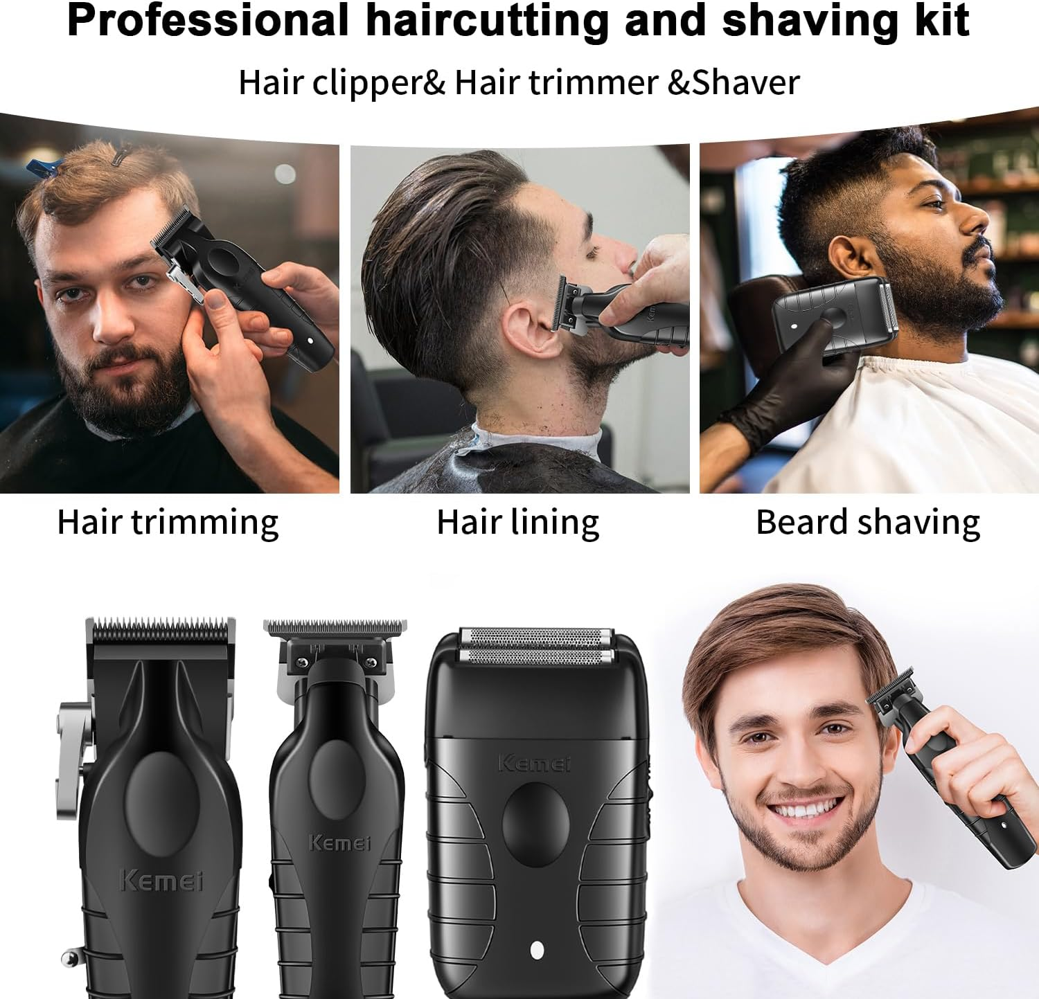 KEMEI Professional Hair Clippers for Men, Cordless Complete Hairdressing Trimmer T-Blade Trimmer Foil Shaver Set, Electric Hair Cutting Full Kit with 11 Guide Combs