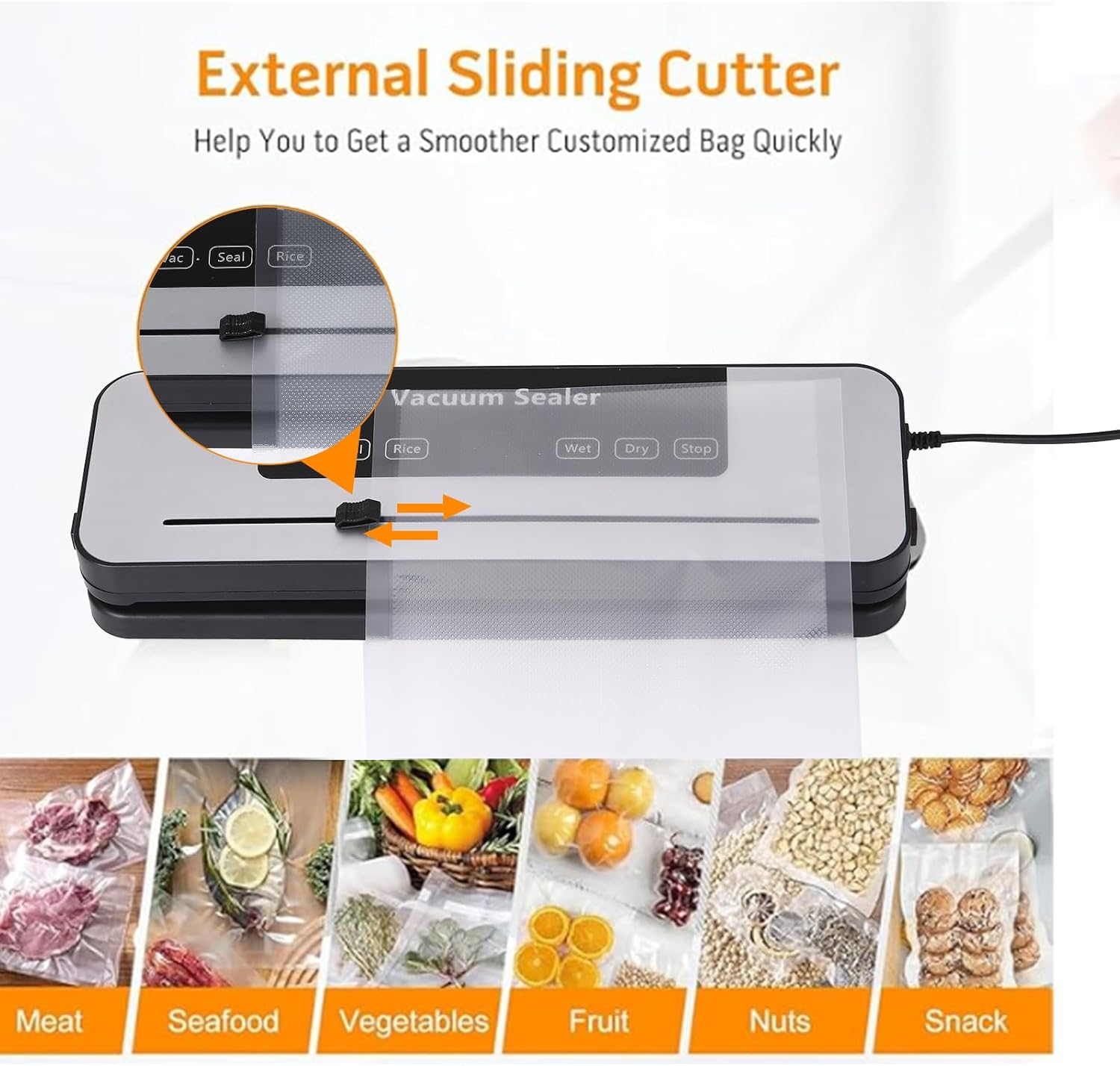 Vacuum Sealer Machine for Food Preservation &ndash; 70Kpa Food Saver Vacuum Sealer with 100 Vacuum Sealer Bags, Dry & Moist Modes, Built-In Cutter, Compact Bag Sealer for Kitchen (Silver) image number 5