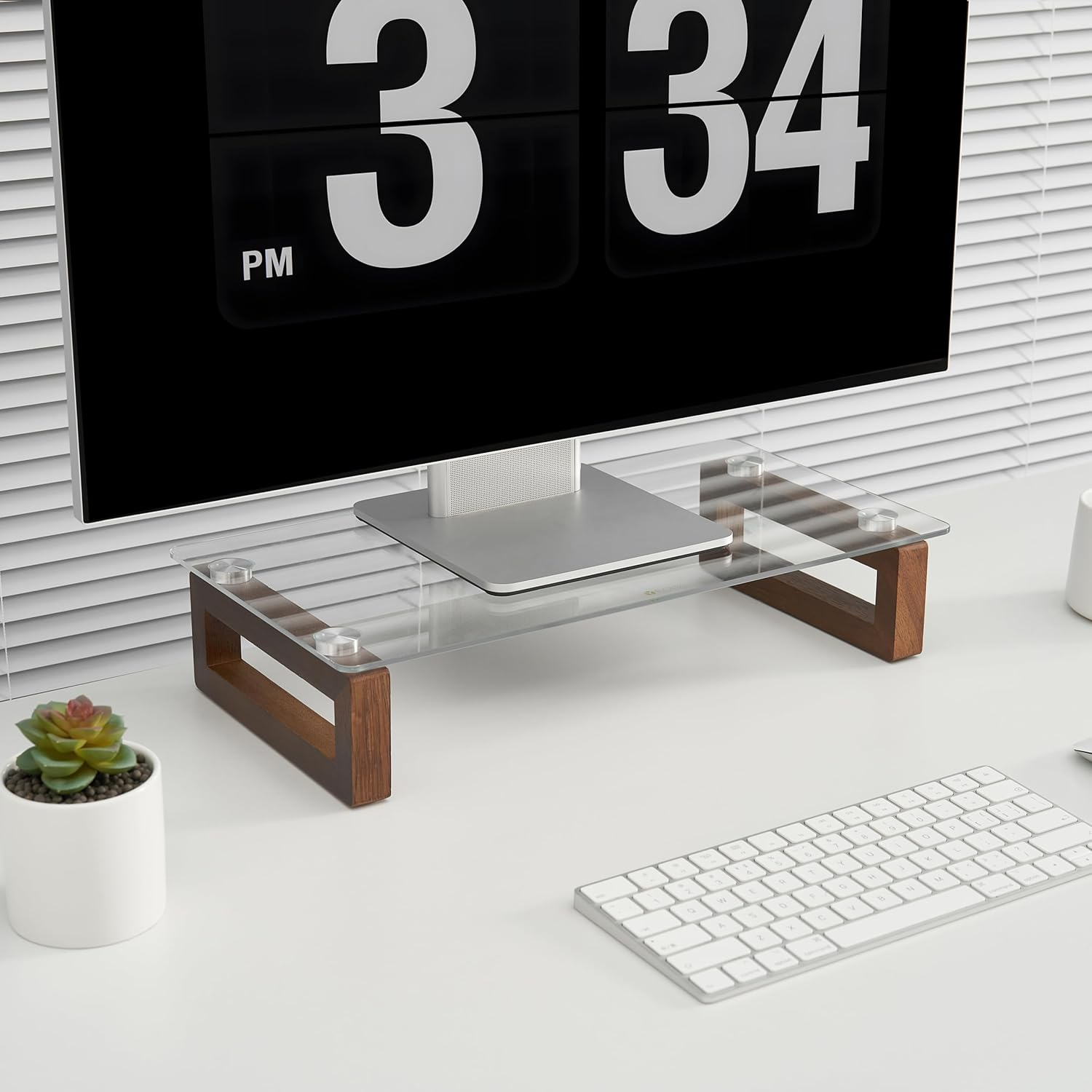 YEOUX Multi-Purpose Desktop Stand, Clear Floating Computer Monitor Riser with Natural Wood Base, Desk Organization Shelf for Printer, Laptop, Audio Device, Flat Screen (Dark Wood&Clear Glass) image number 5