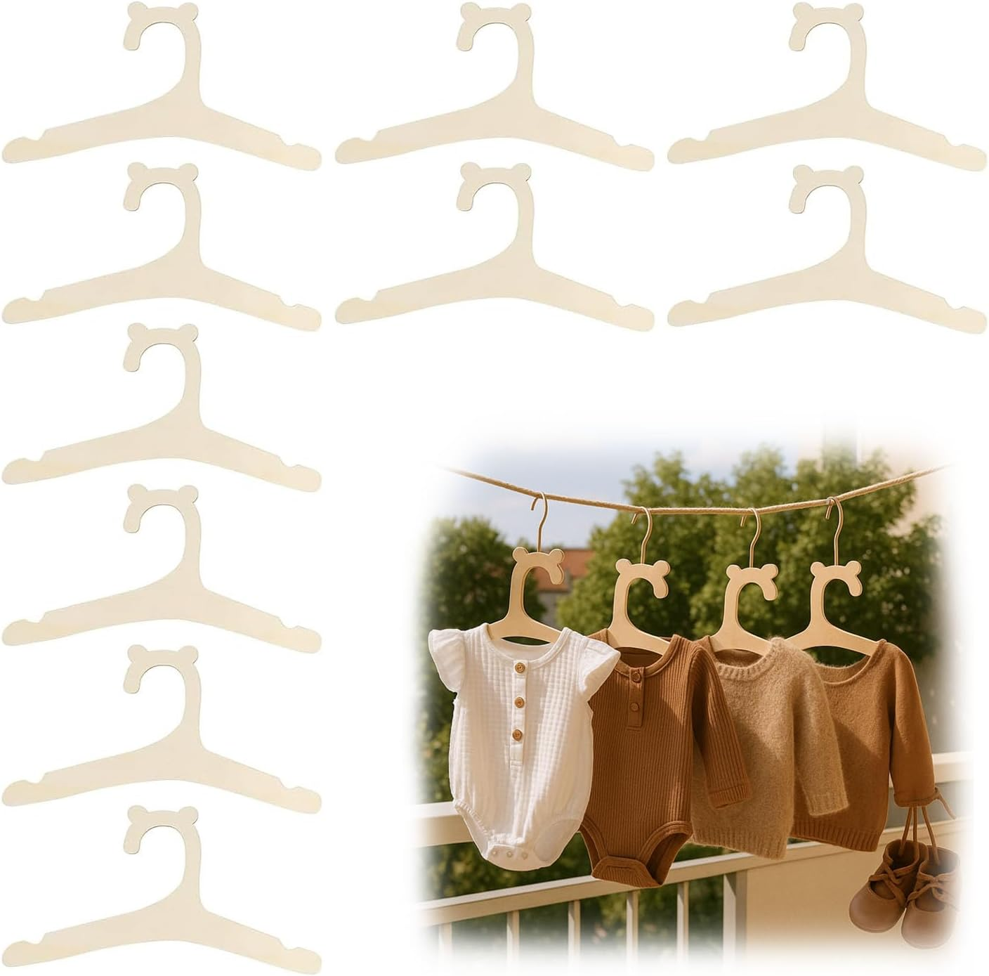 10Pcs Wooden Baby Coat Hangers, Non-Slip 9 Inches Kids Coat Hangers, Reusable Baby Hangers, Cute Bear Newborn Hanger for Children'S Dresses Coats Pants, Eco-Friendly & Durable image number 3