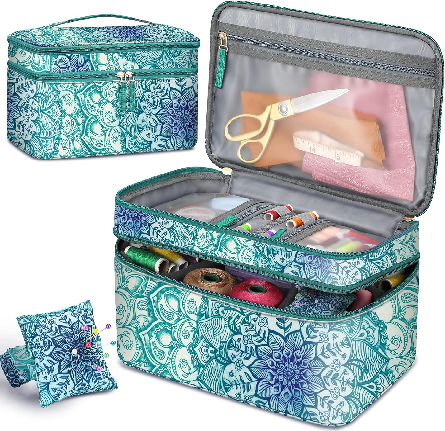FINPAC Sewing Accessories Storage and Organizer Case, Double-Layer Sewing Kits Carrying Bag with Wrist Pin Cushion for Threads, Needles, Embroidery Floss Supplies, Felting Kits (Emerald Illusions)
