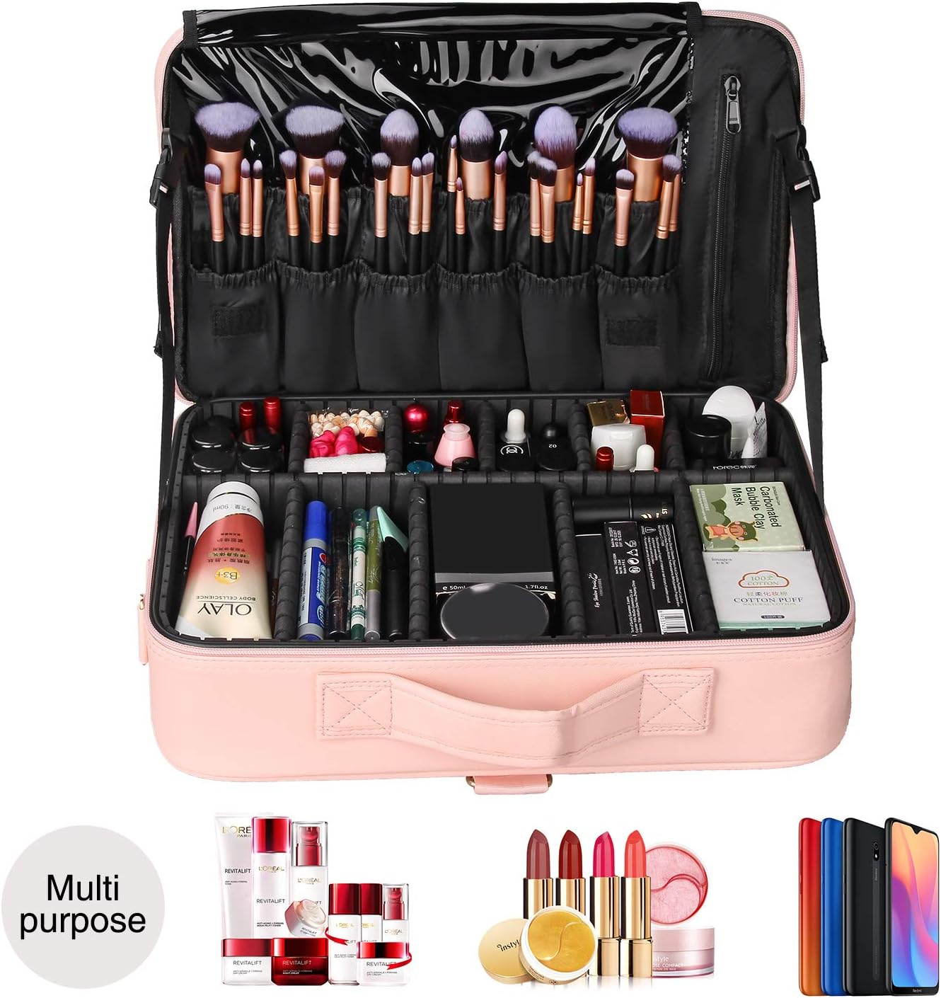 Relavel Professional Large Makeup Case Cosmetic Train Case Makeup Bag Organizer Professional Waterproof Travel Cosmetic Case Box with Removable Dividers Shoulder Strap (B Pink) image number 6