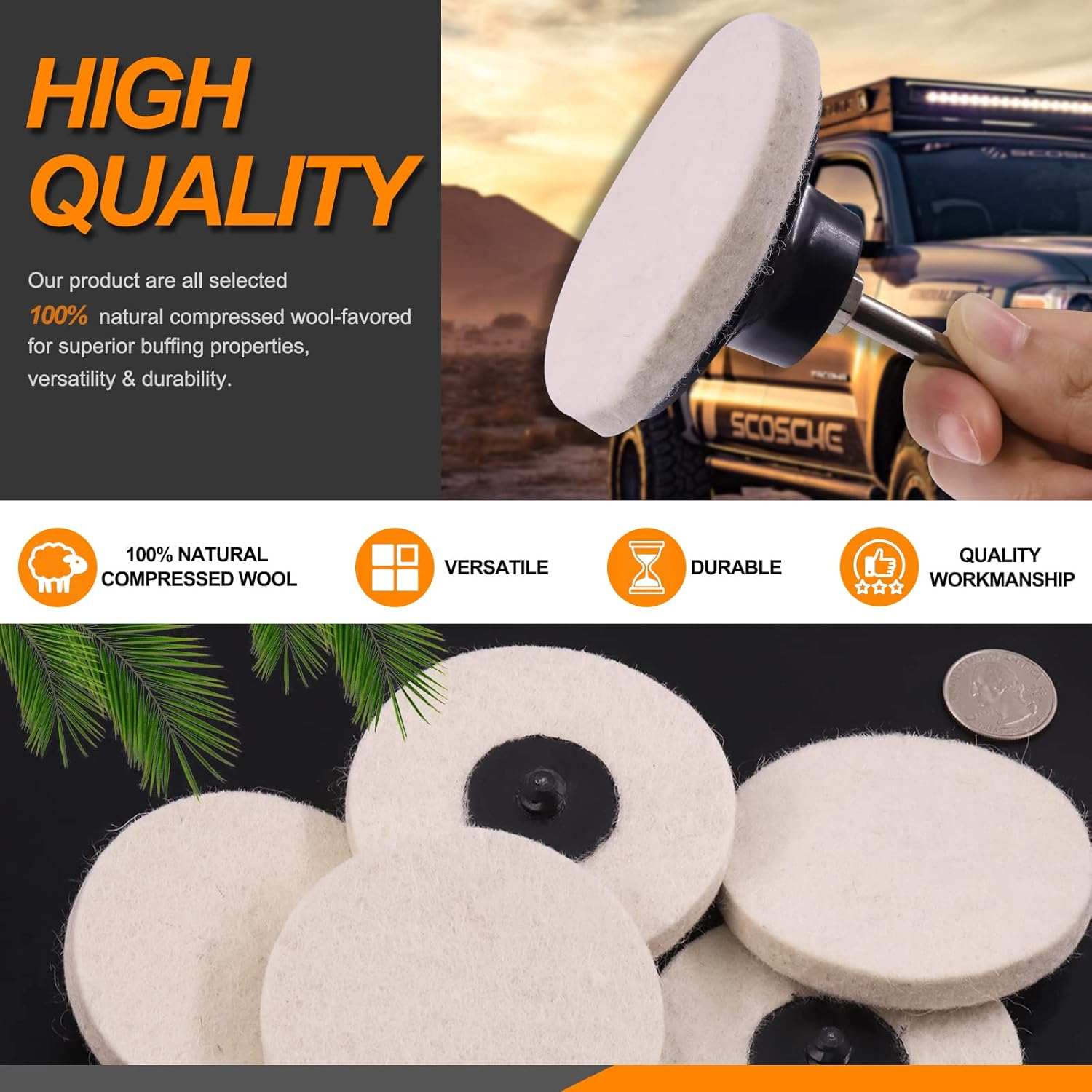 13Pcs 3" Compressed Wool Fabric Disc Felt Polishing Buffing Pads Wheels Compounds Kit with Black Emery, White Diamond for Polishing and Buffing image number 2