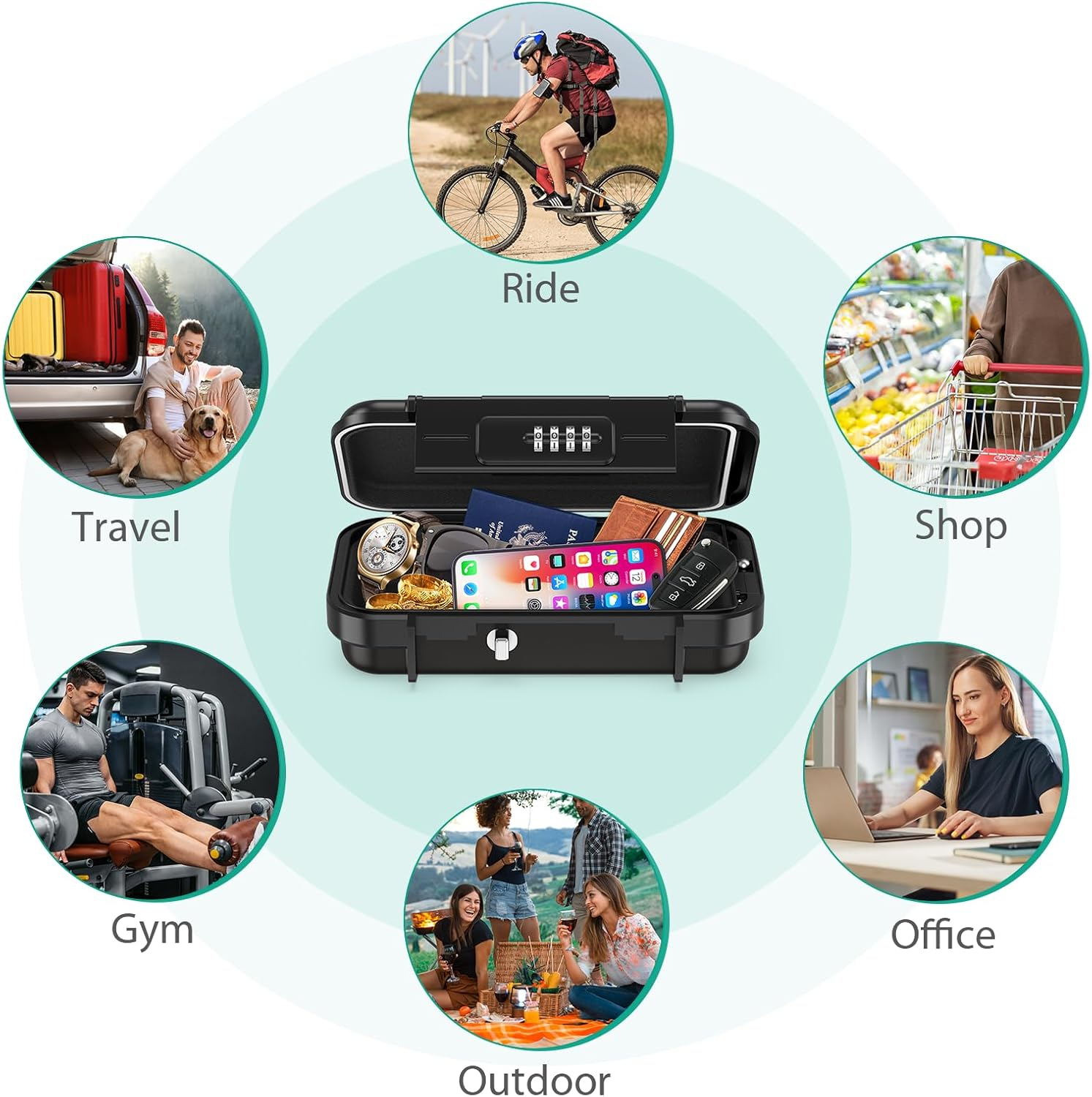 ORIA Portable Safe Box, Security Lock Box, Safe Lock Case with 4-Digit Code, Removable Wire Rope, Waterproof Key Lock Box for Passport, Credit Card, Phone, for Travel, Home, Office, Hotel, Beach - Red image number 5