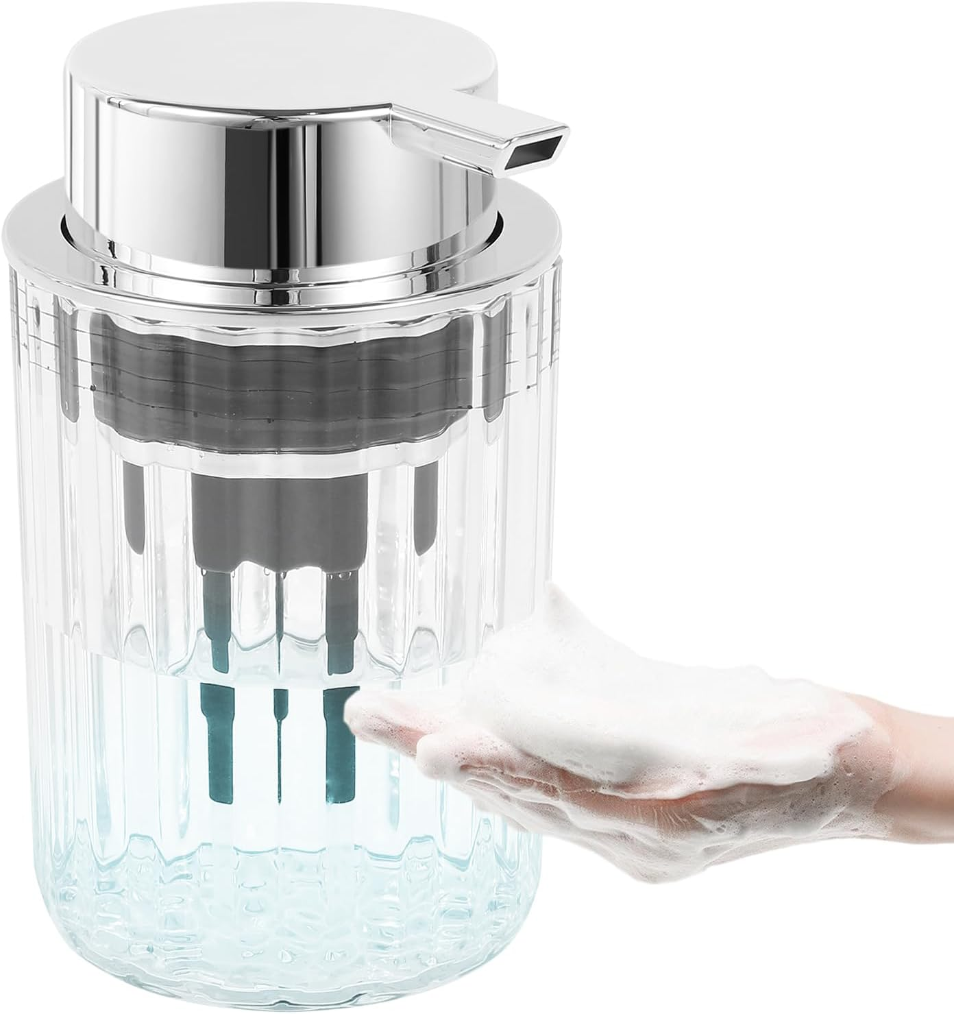 Fwqofvk Foaming Hand Soap Dispenser Delicate Clear Soap Foaming Dispenser Refillable Hand Soap Pump Dispenser Foam Hand Wash Dispenser Soap Pump Bottle for Essential Oil Shampoo Dish (Silver)