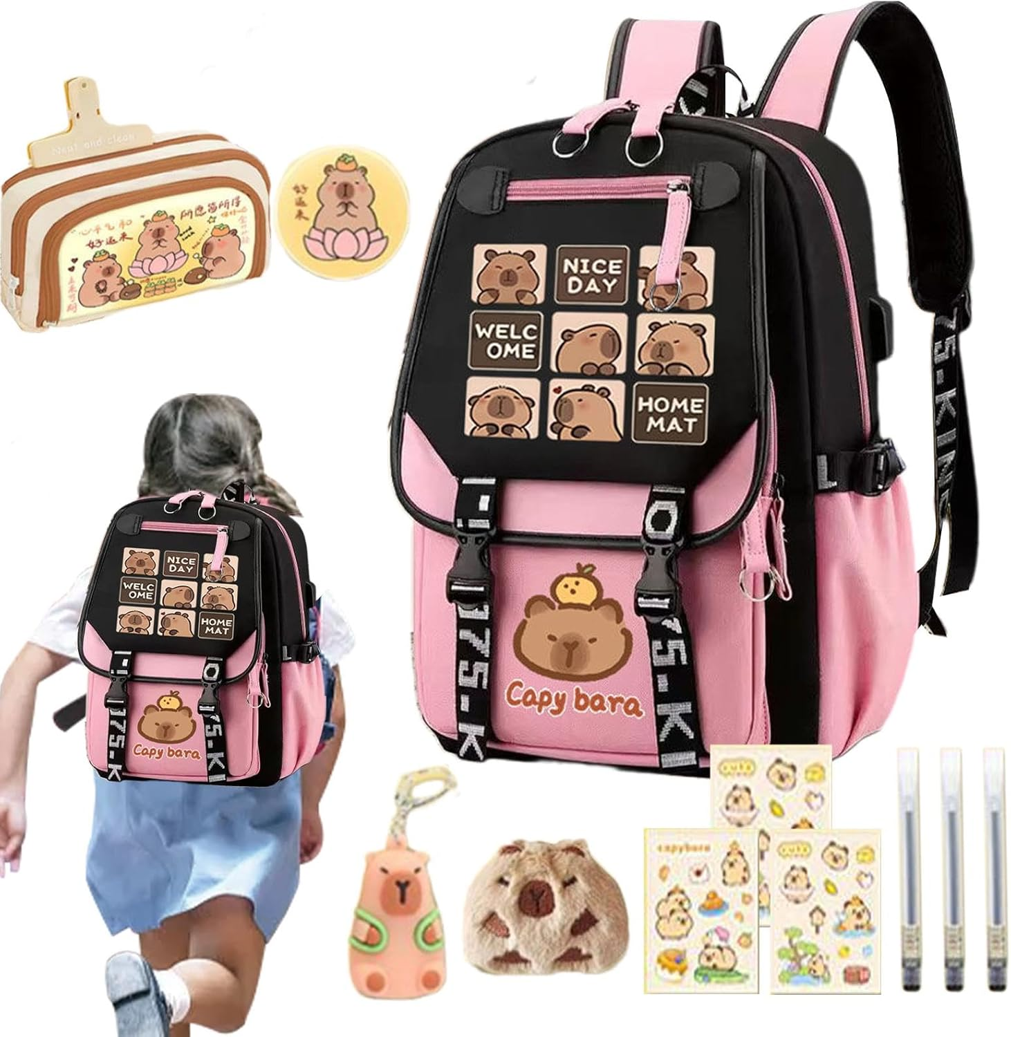 Cute Capybara Backpack, 18" Large Capacity School Backpack Cute Capybara Backpack, Capybara Daypack for Girls Teens Students Causal Rucksack with Pencil Case Badge Pen Keychain Sticker Plush Pendant image number 2
