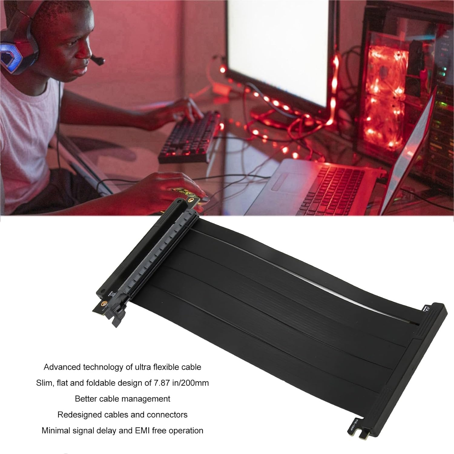 PCIE 4.0 X16 Riser Cable, High Speed Flexible Right Angle PCIE Port GPU Graphic Card Extension Cable, Dual Reverse PCIE 4.0 Extender Riser Cable for Gaming image number 1