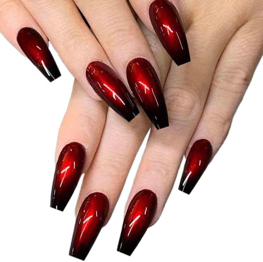 Outyua Halloween Red Black Press on Nails Ombre Coffin Fake Nails Long False Nails with Designs Acrylic Witch Ghost Nails for Women and Girls 24Pcs (Red & Black) image number 1