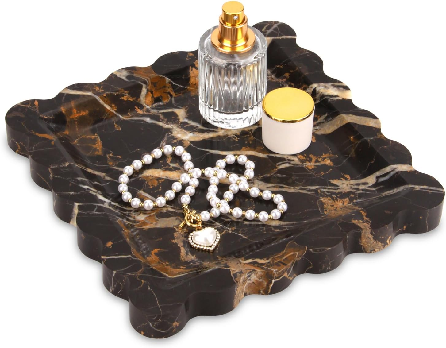 Square Marble Decorative Tray with Scalloped Edge,Luxury Natural Italian Stone Bathroom Vanity Tray, Dresser Top Perfume Coffee Home Sink Tray, Key Trinket Ring (Turkey Calacatta Viola, 8 * 8)