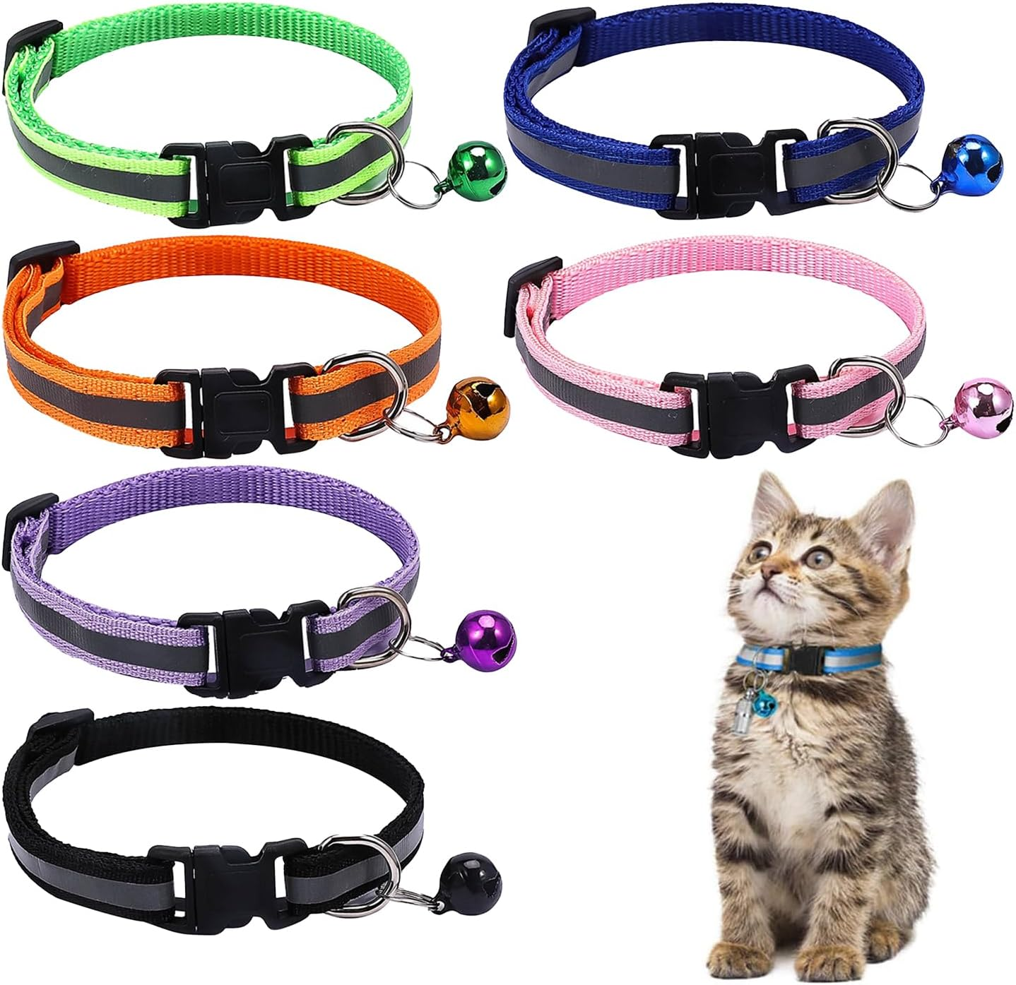 Cat Collar, Pack of 6 Collars Cat Collars with Safety Clasp, Pet Collar, Dog Collar, Cat Collars with Bell, Reflective Cat Collar, Adjustable image number 2