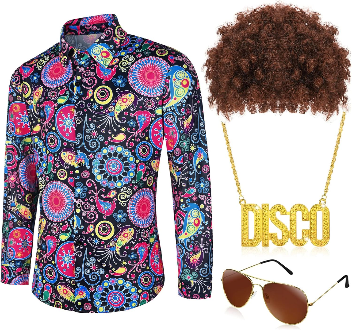 4 Pcs Mens 70S Disco Costume Set Disco Casual Paisley Top Floral Vintage Long Sleeve Shirt for 70S Disco Party Christmas Prom image number 2