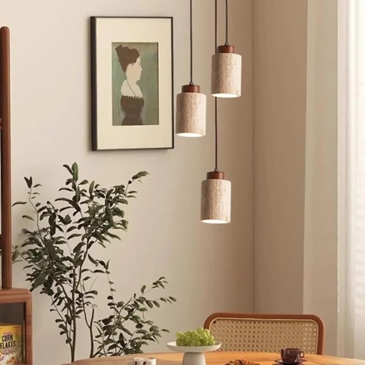 Nordic Pendant Light with Natural Stone Shade and Wood Accents, Cylinder Hanging Ceiling Light for Kitchen Island, Dining Room, Bedroom, Modern Rustic Chandelier (Walnut Color,10X17Cm) image number 3