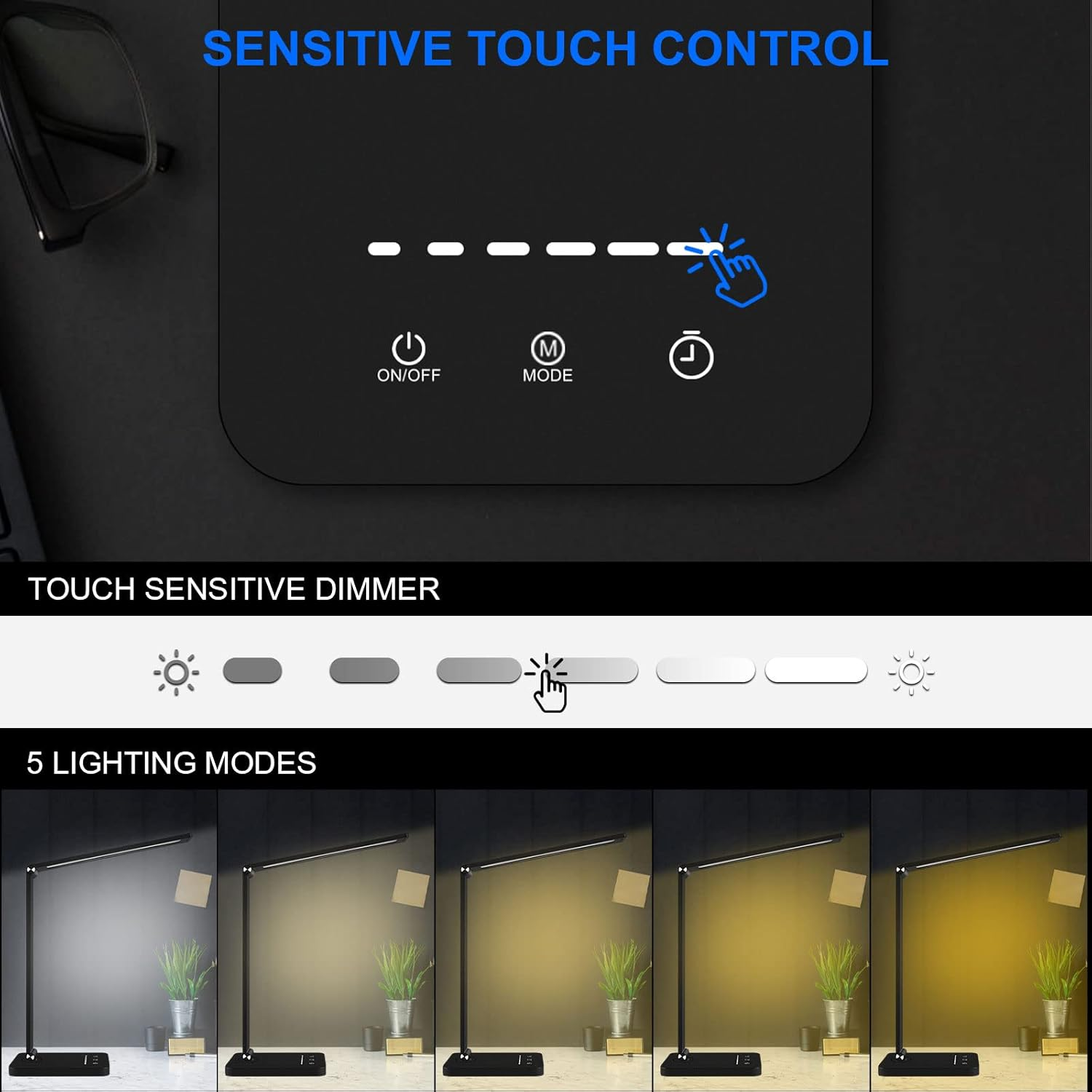 Electight LED Desk Lamp, 50 Leds Touch Control Table Lamp, USB Port, 5 Light Modes & Memory FUNC, Dimmable Eye-Care Desk Light Study Light, 30/60 Min Auto-Off Timer for Reading, Office, Study image number 6