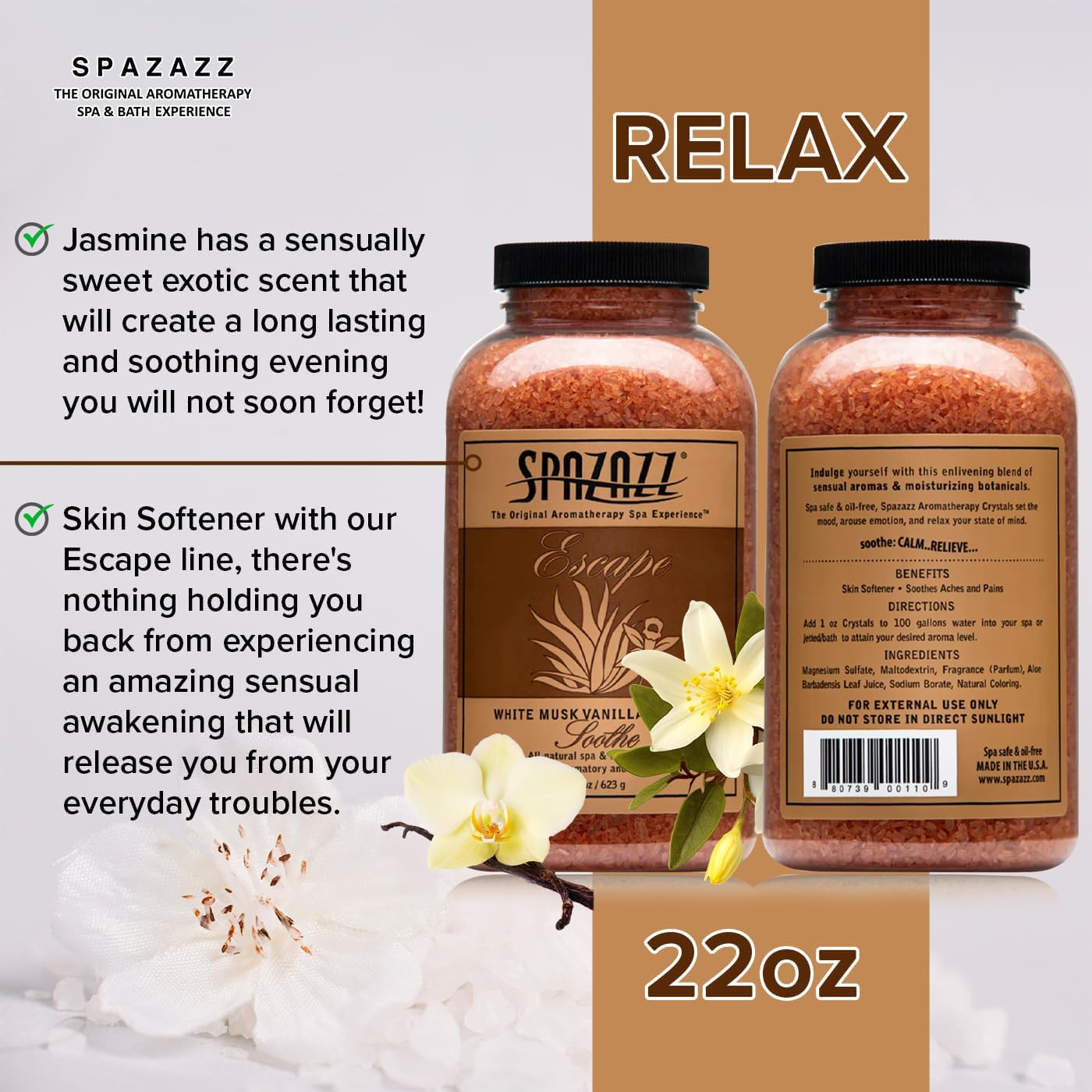 Spazazz SPZ-110 Escape Aromatherapy Crystals Container, 22-Ounce, White Musk Jasmine Vanilla Soothe image number 6