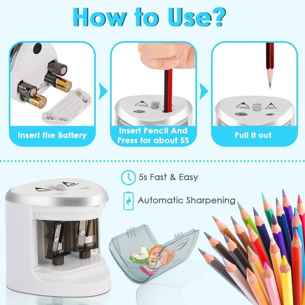 WOTOW Electric Portable Pencil Sharpener for Students, Battery Operated Double Hole Automatic Sharpeners for 6-8Mm and 9-12Mm Pencils, Ideal for School Family and Office image number 3