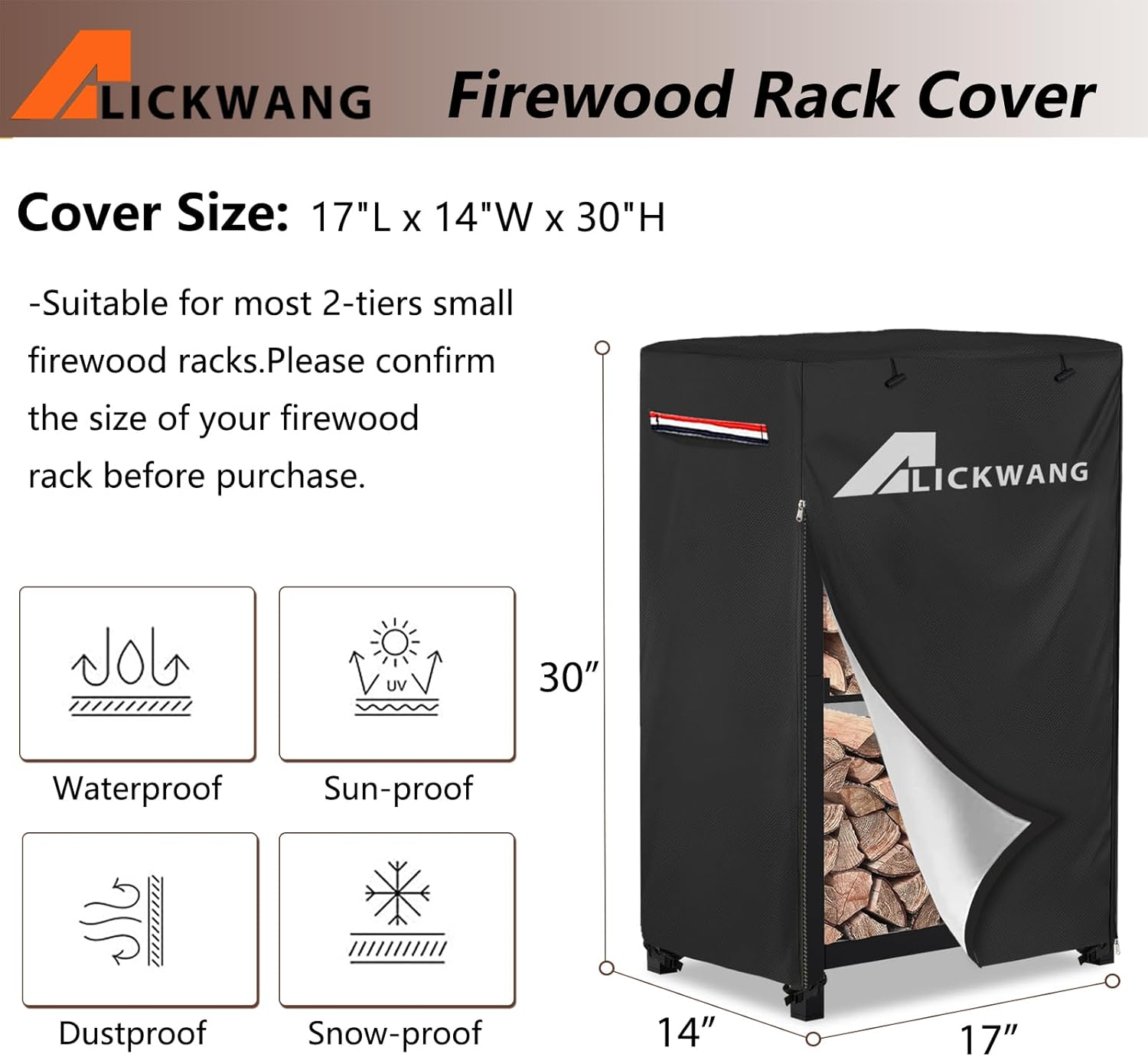 17 Inch Firewood Rack Cover,Heavy Duty 600D Waterproof Outdoor Firewood Storage Rack Cover,Wood Rack Cover for 2-Tiers Small Log Holders for Firewood.(14" D X 17" W X 30" H,Cover Only) image number 5