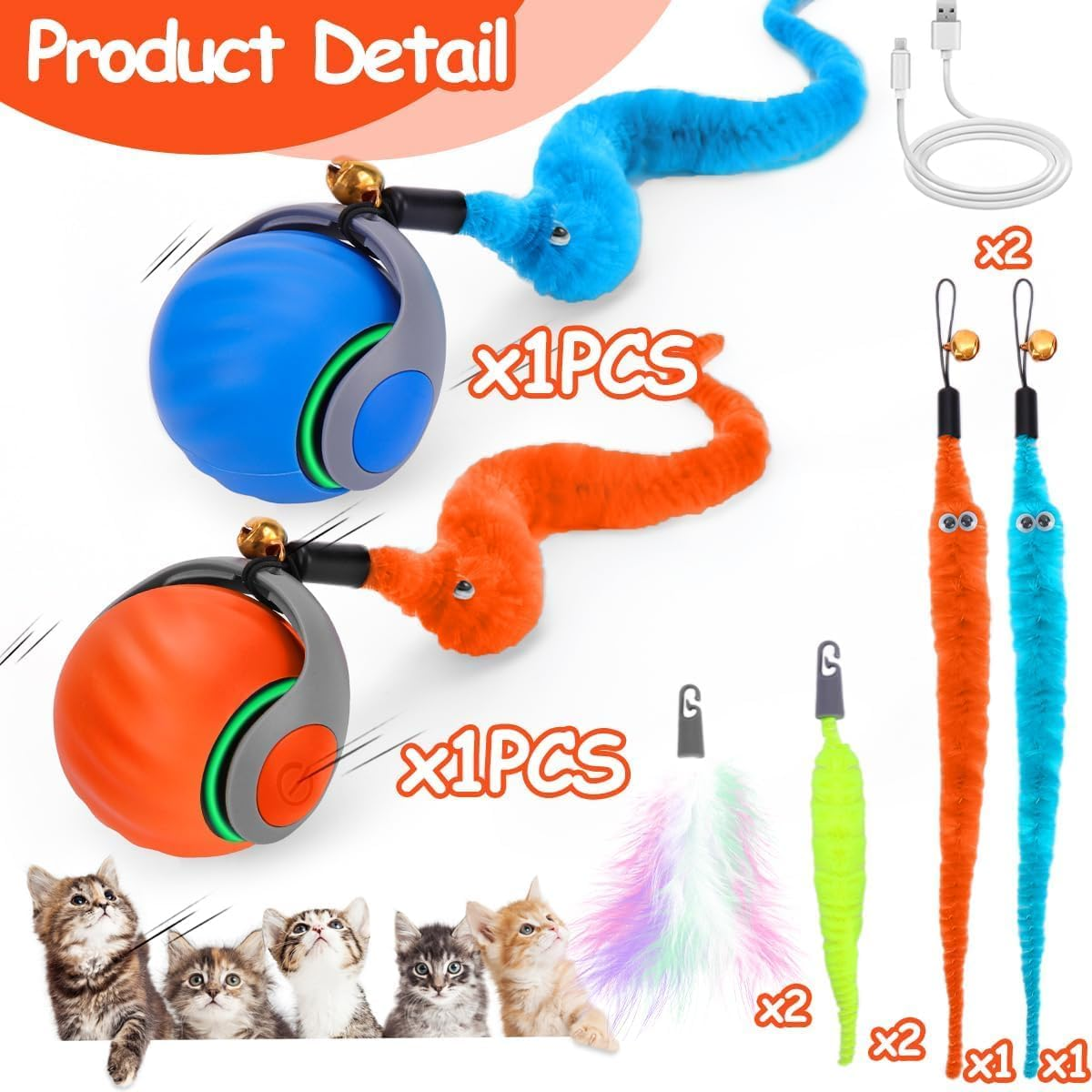 APEXORIGIN 2 PCS Interactive Cat Toy Ball, Automatic Cat Toys for Indoor Cats - Speedy Kitten Toys for Indoor Cats with Feather Tails for Chasing, Two Modes & One-Click Switching (Blue and Orange) image number 5